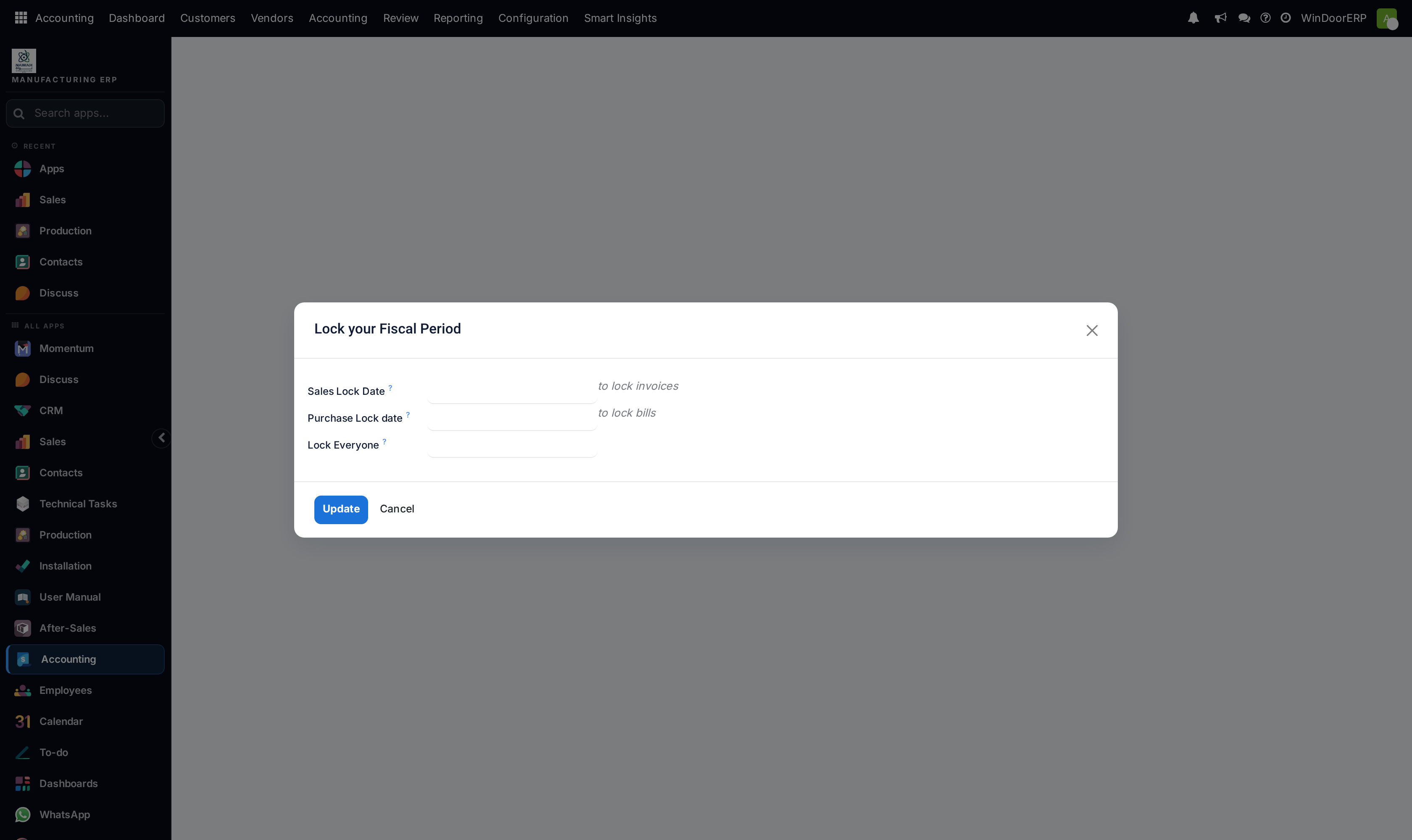 The Lock your Fiscal Period dialog with sales, purchase and hard lock dates