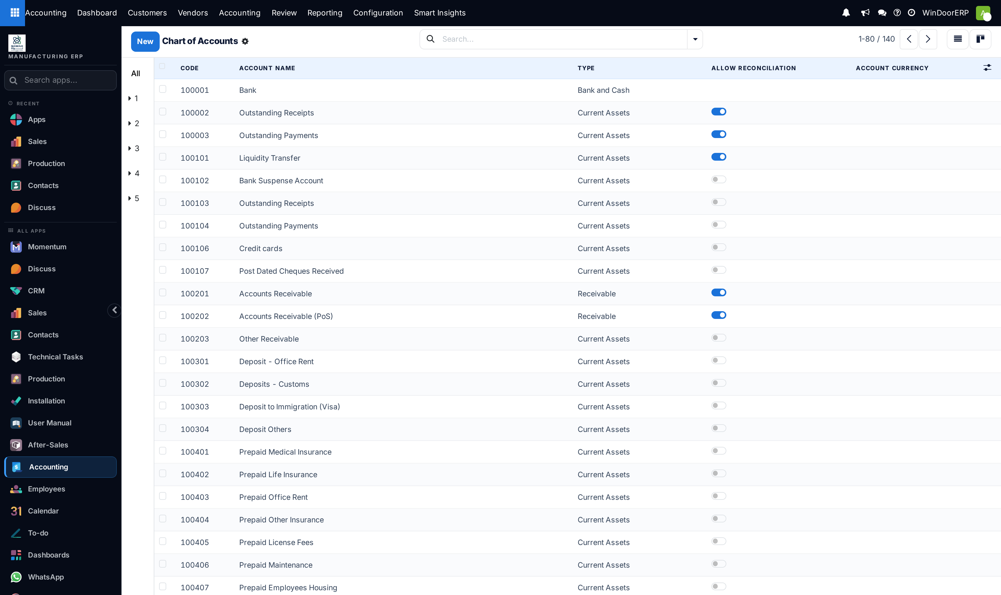 The chart of accounts: coded accounts with type and the Allow Reconciliation toggle, filterable by code prefix
