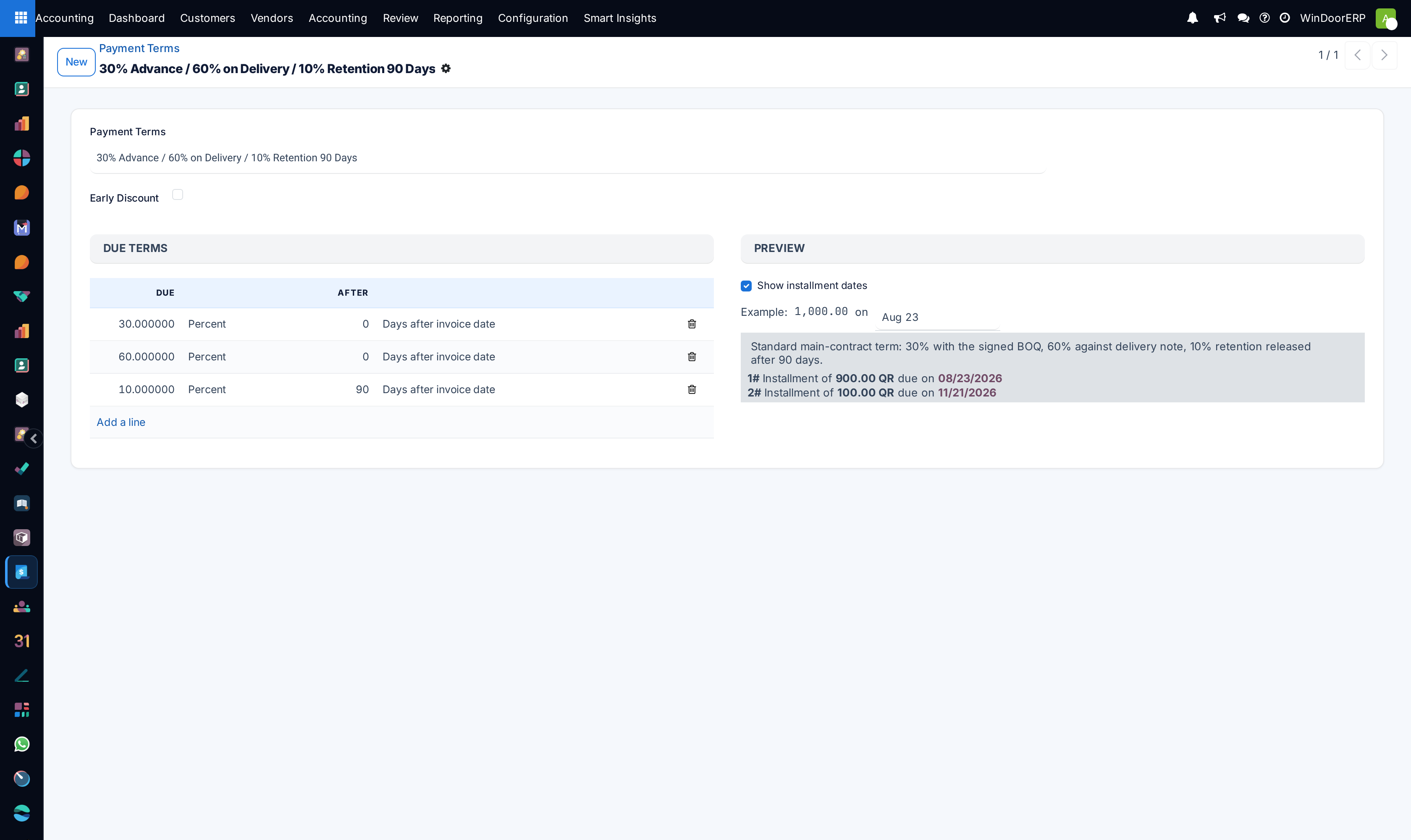 The 30% advance / 60% on delivery / 10% retention payment term, with its due-term lines and live preview