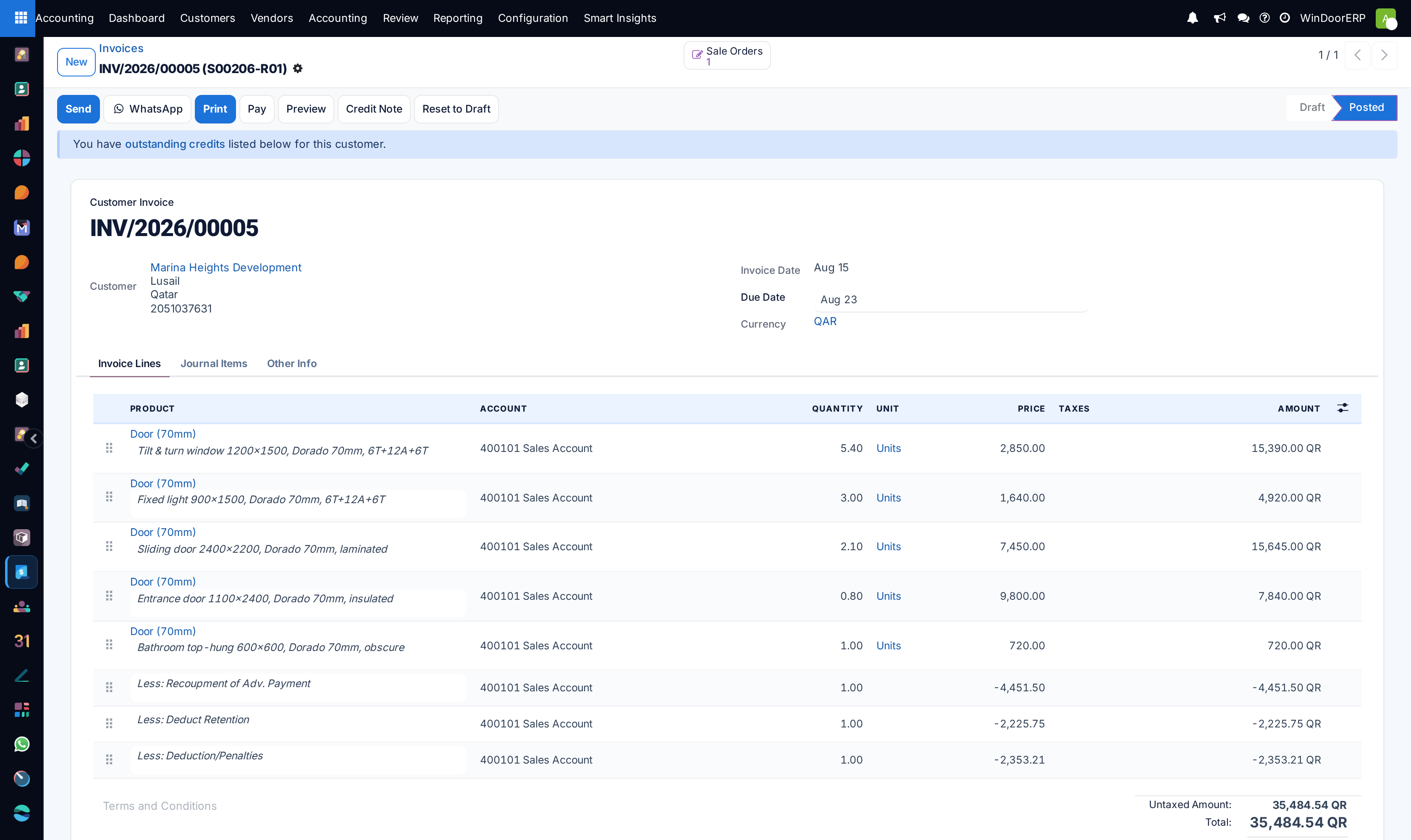 The posted customer invoice a BOQ claim generated: product lines at this period's quantities, then the recoupment, retention and penalties deduction lines