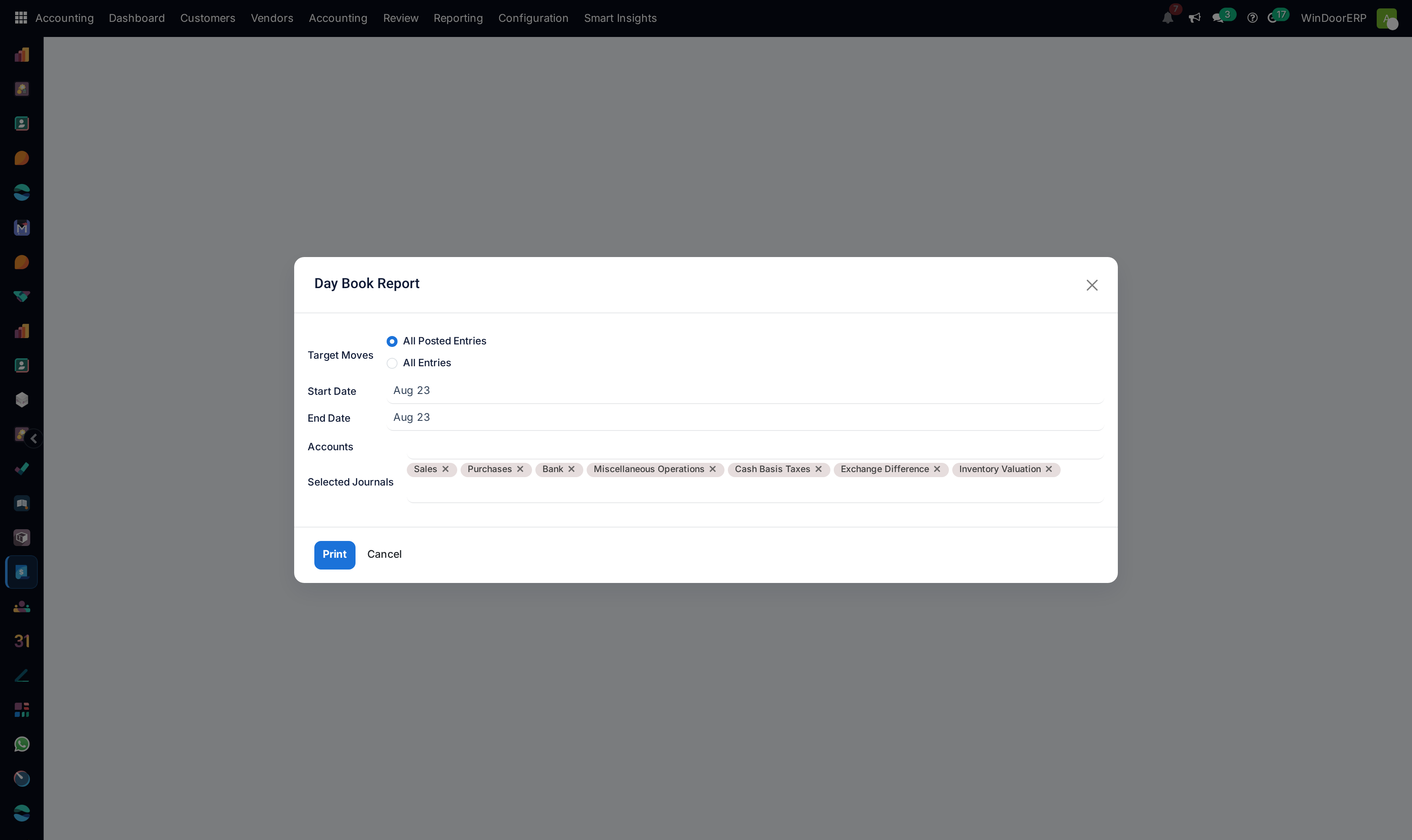 The Day Book Report dialog: posted or all entries, a date range, optional accounts, and the journals to print