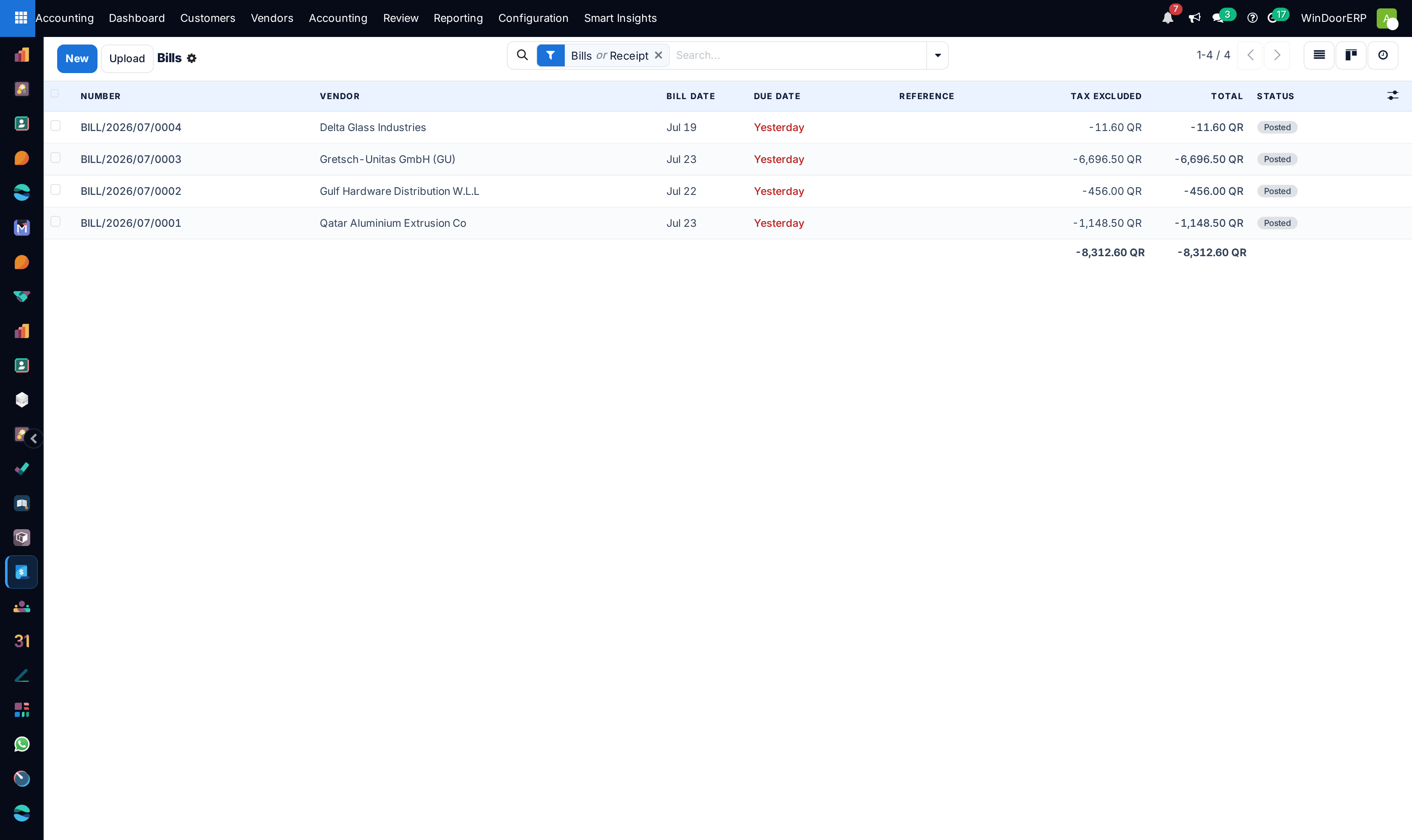 Vendor bills list: bill numbers, supplier, bill and due dates, totals and posted status