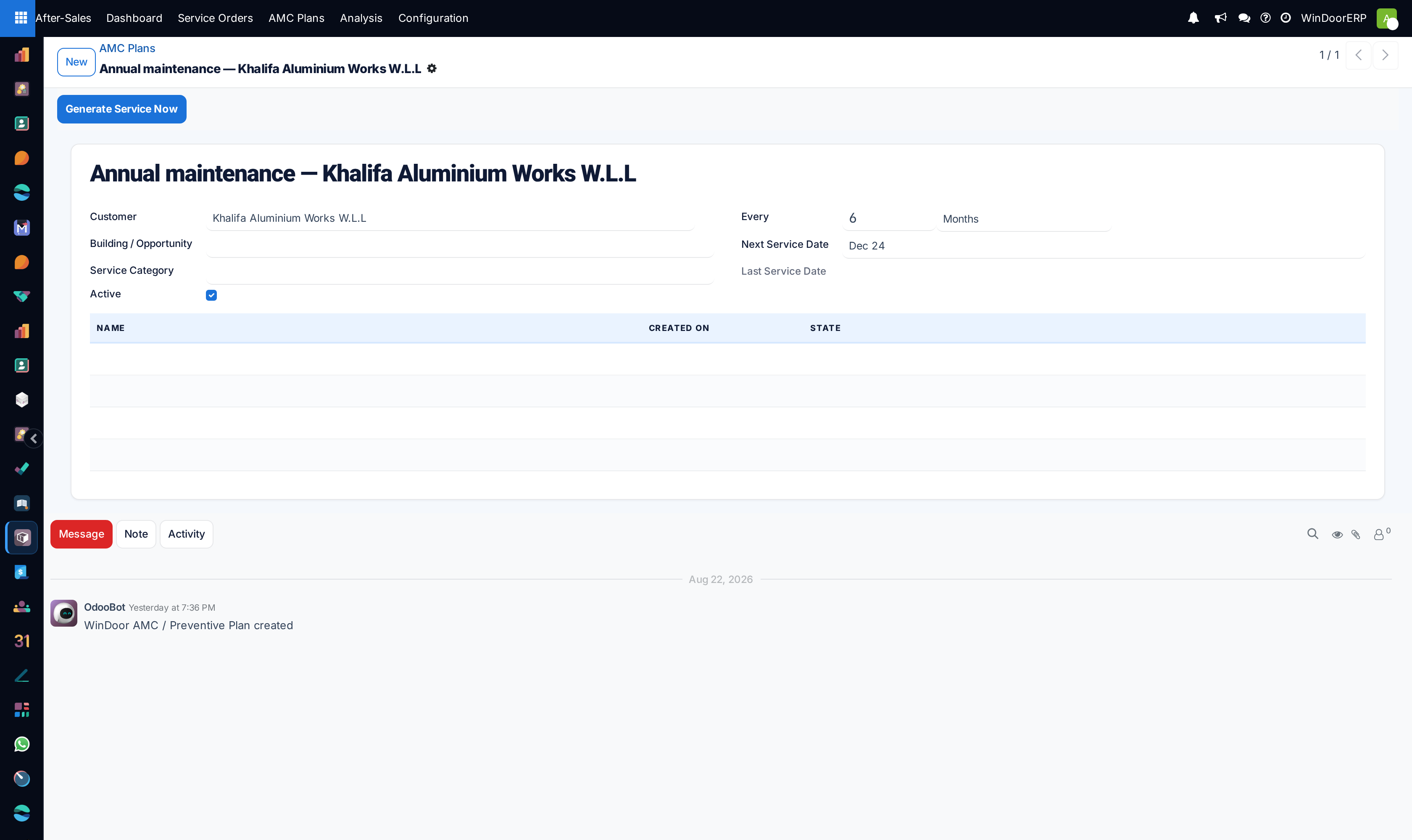 An AMC plan form with the Generate Service Now button, the Every interval fields, the Next Service Date and the embedded list of raised service orders