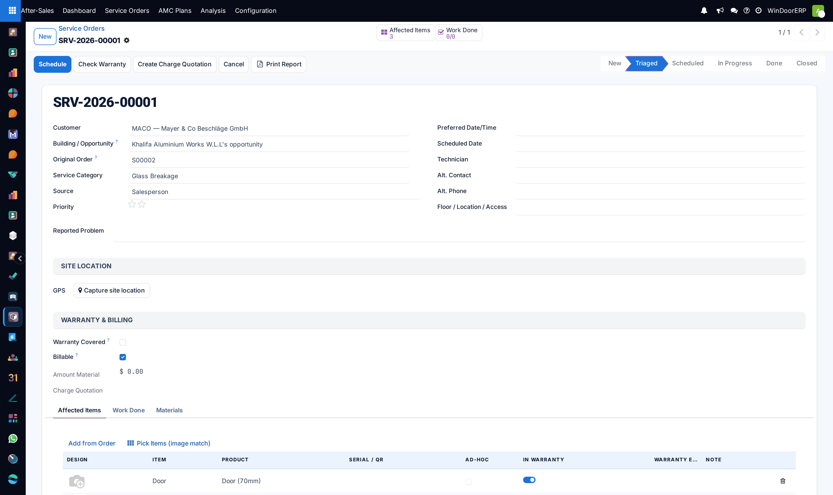 A service order form in the Triaged state, with the Schedule, Check Warranty, Create Charge Quotation and Print Report buttons and the Affected Items tab