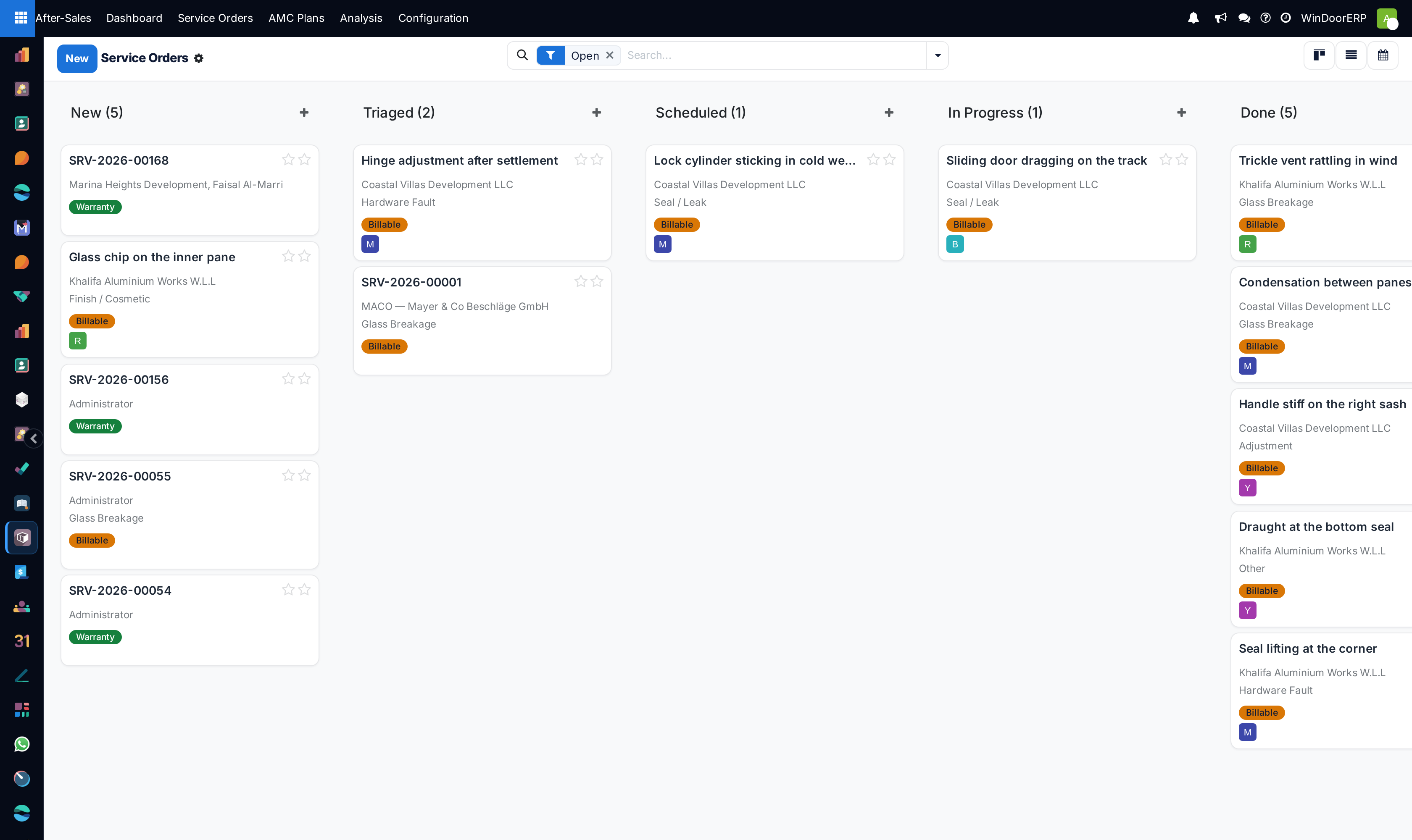 Service orders on a kanban board with a column per state — New, Triaged, Scheduled, In Progress, Done — each card showing the customer, the fault category and a Warranty or Billable badge