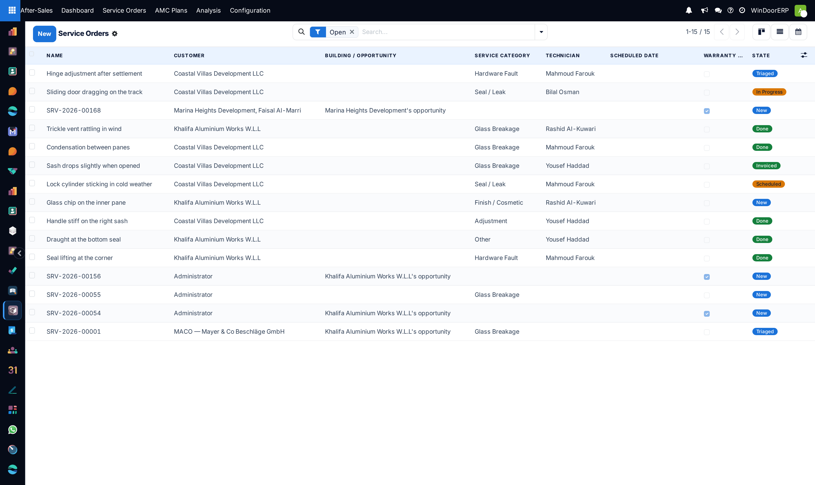 The service orders list with the Open filter applied, showing customer, category, technician, warranty and state columns