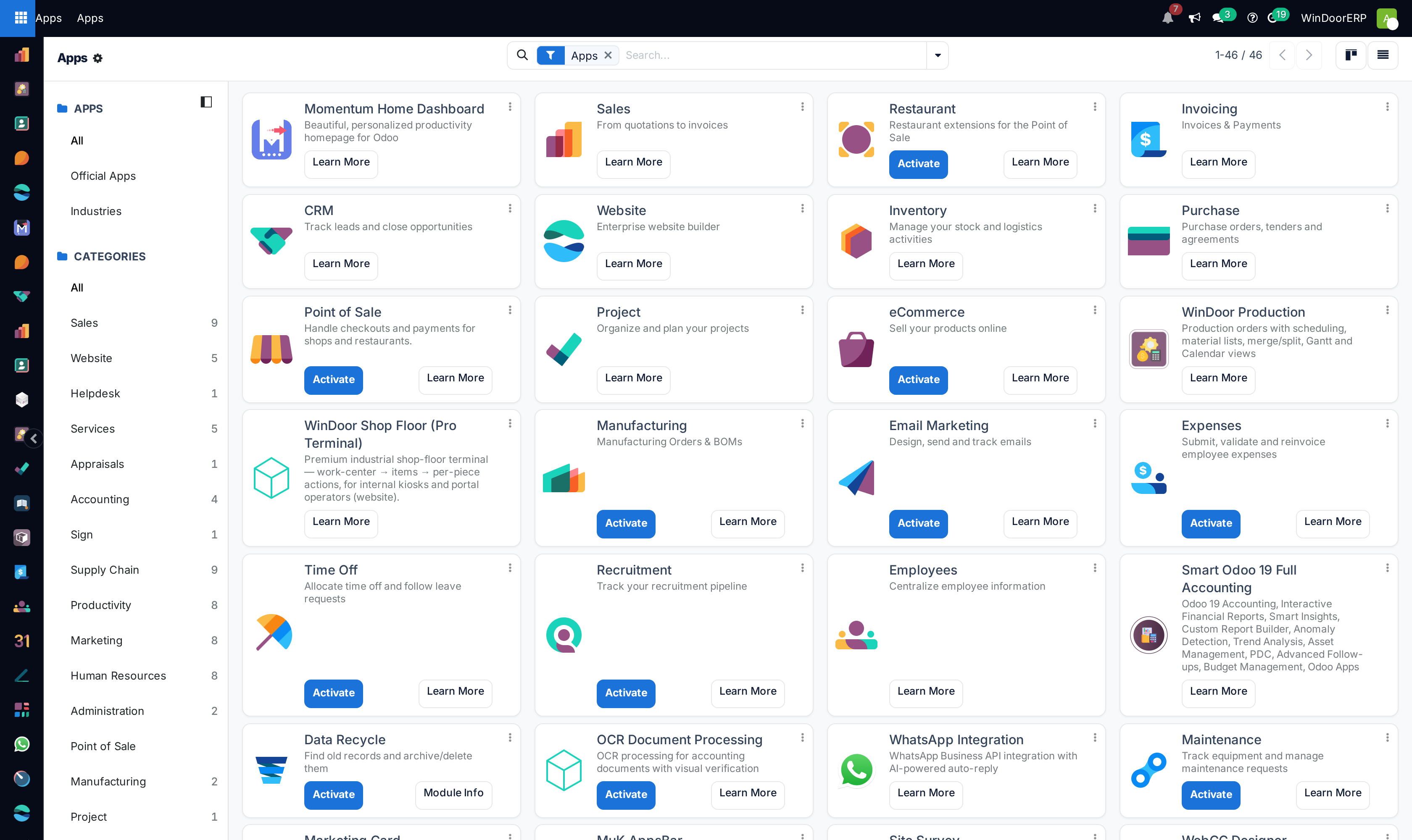 The Apps kanban filtered to Apps: one card per application with Activate and Learn More buttons, and the category panel with counts on the left