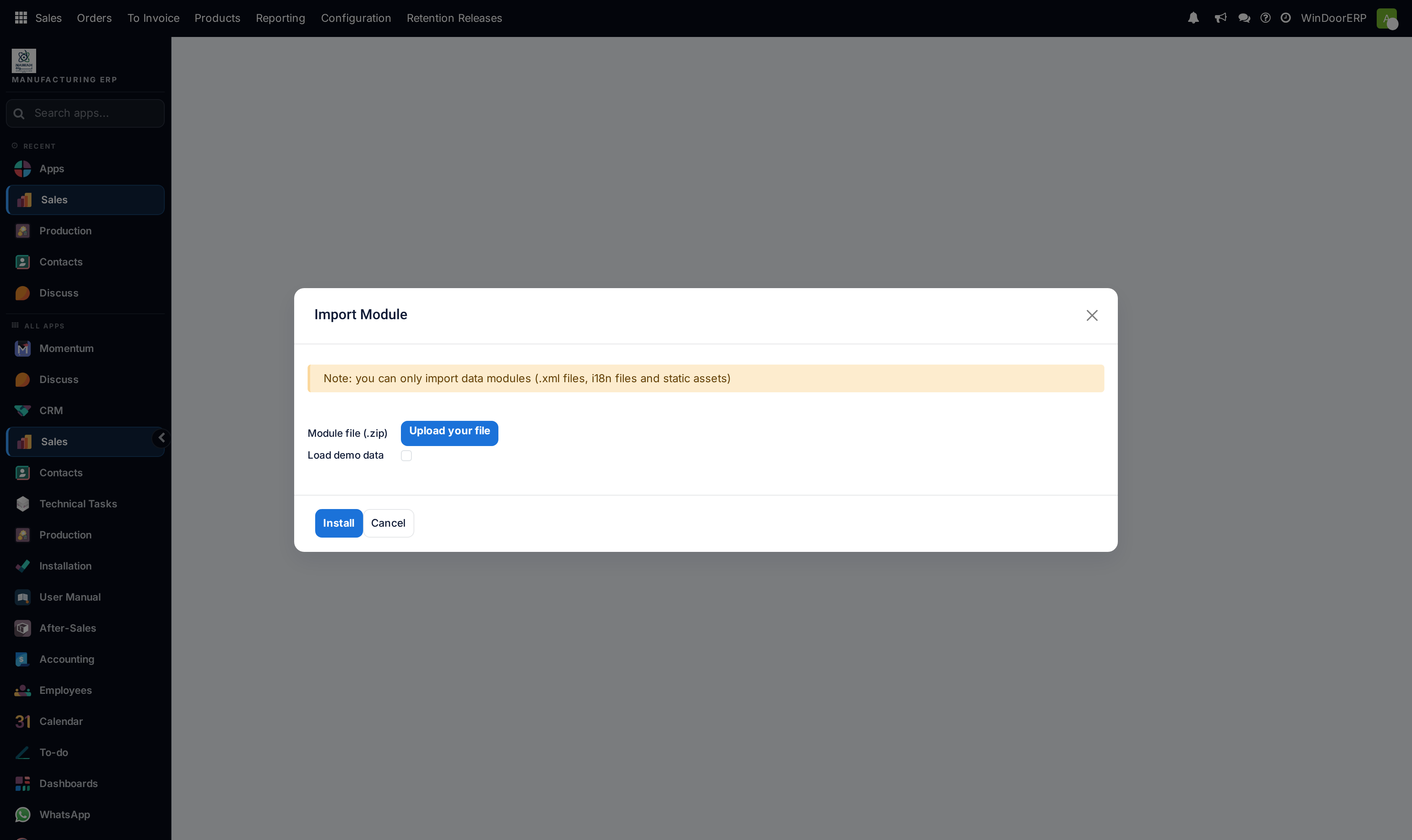 The Import Module dialog, with its own banner saying it plainly: you can only import data modules (.xml files, i18n files and static assets)