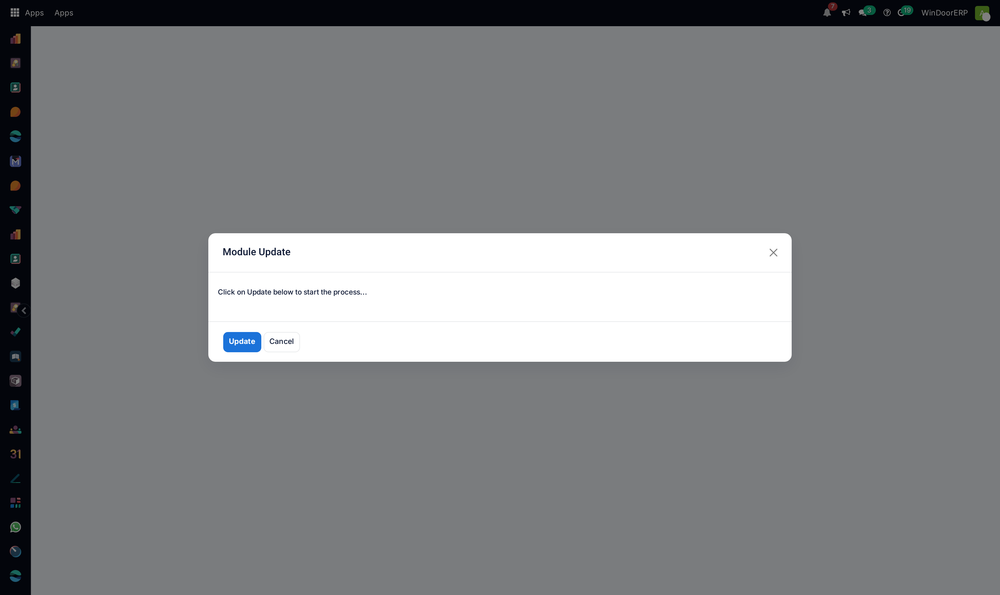 The Module Update dialog behind Update Apps List: 'Click on Update below to start the process…' with Update and Cancel — it rescans the module registry and installs nothing