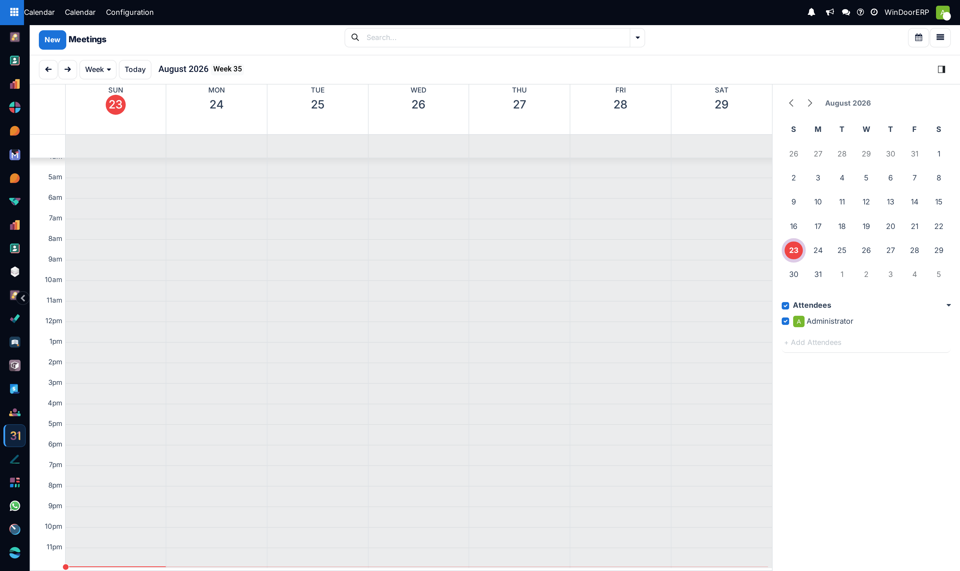 The Calendar week grid with hourly slots and the Attendees filter panel beside it