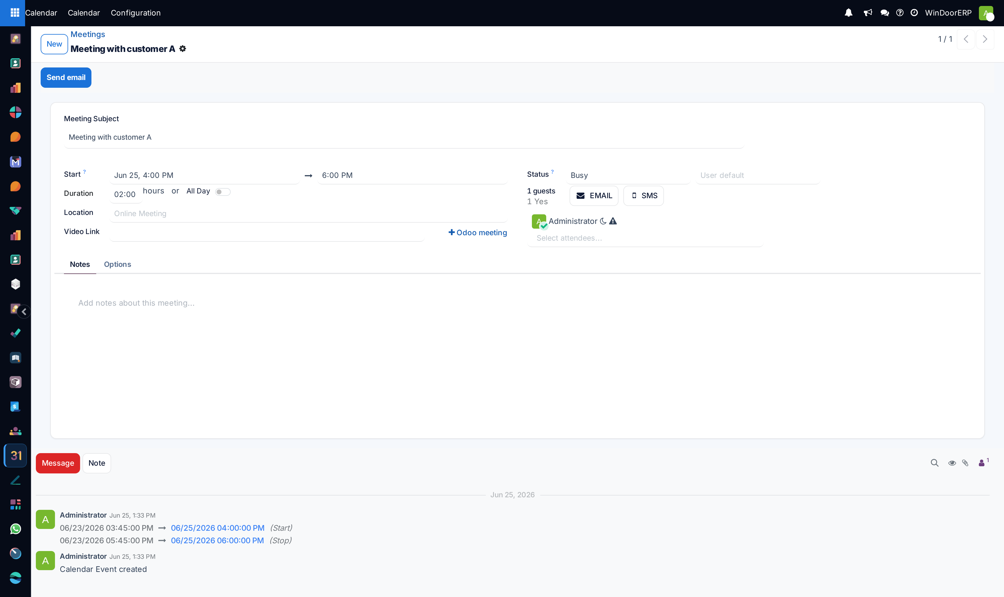 The meeting form with subject, start, duration, location, attendees and the Options tab holding organizer, tags, description and reminders