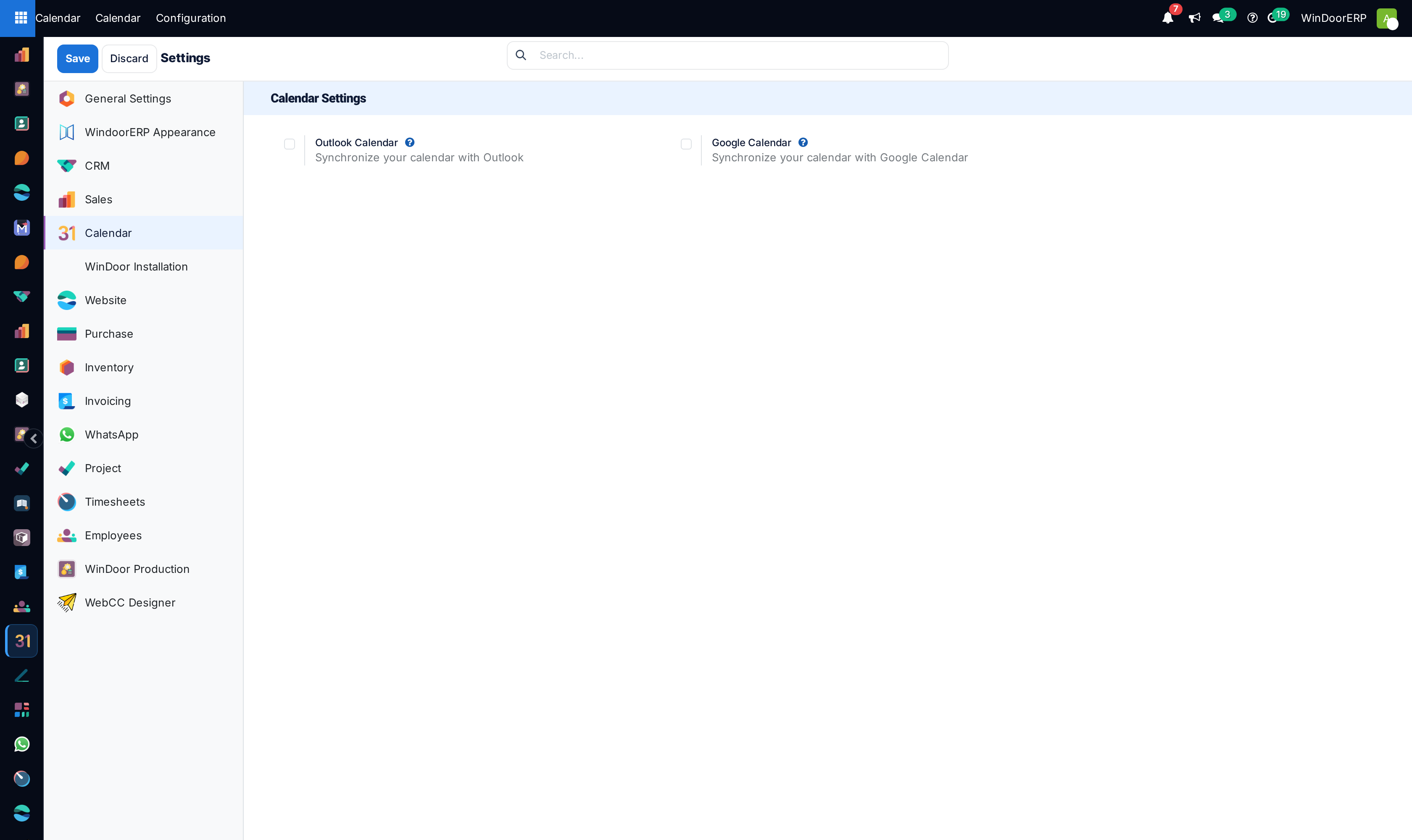 The Calendar settings page, whose only options install the Outlook and Google connectors