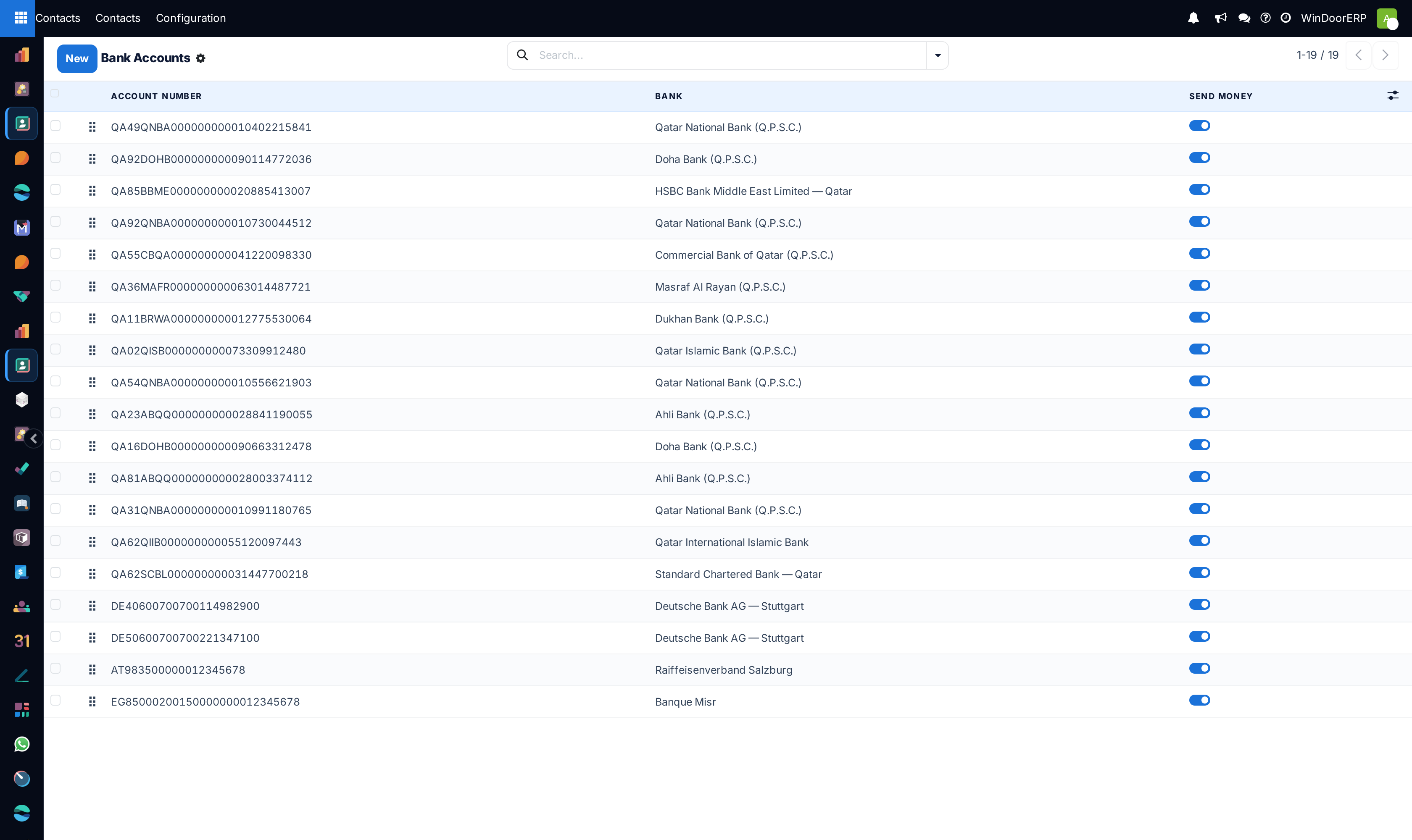 The Bank Accounts list with its account number, bank and Send Money columns