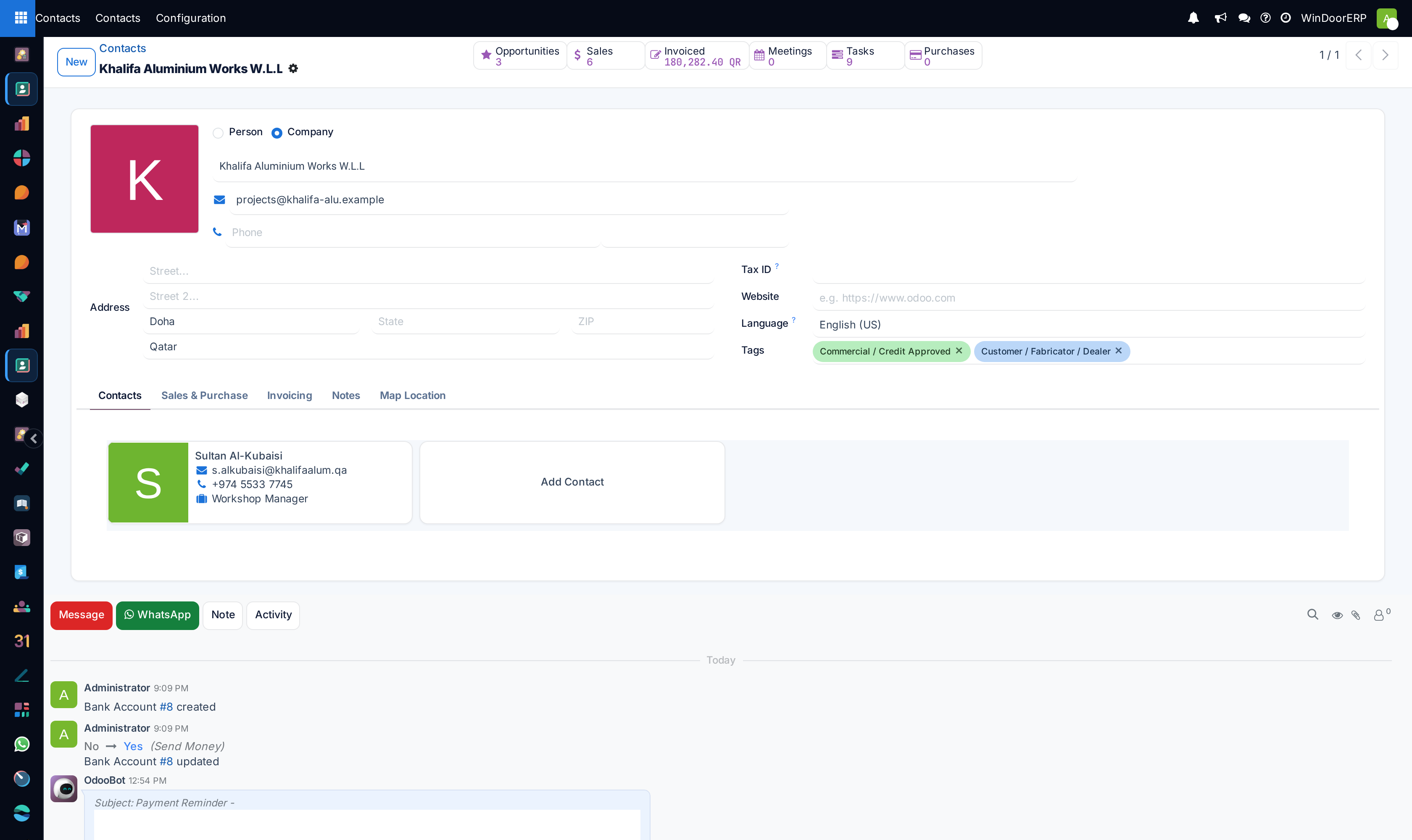 A company customer form: Person/Company choice, name, email, address, Tax ID, language and tags, with a contact person card on the Contacts tab and the sales history in the smart buttons above