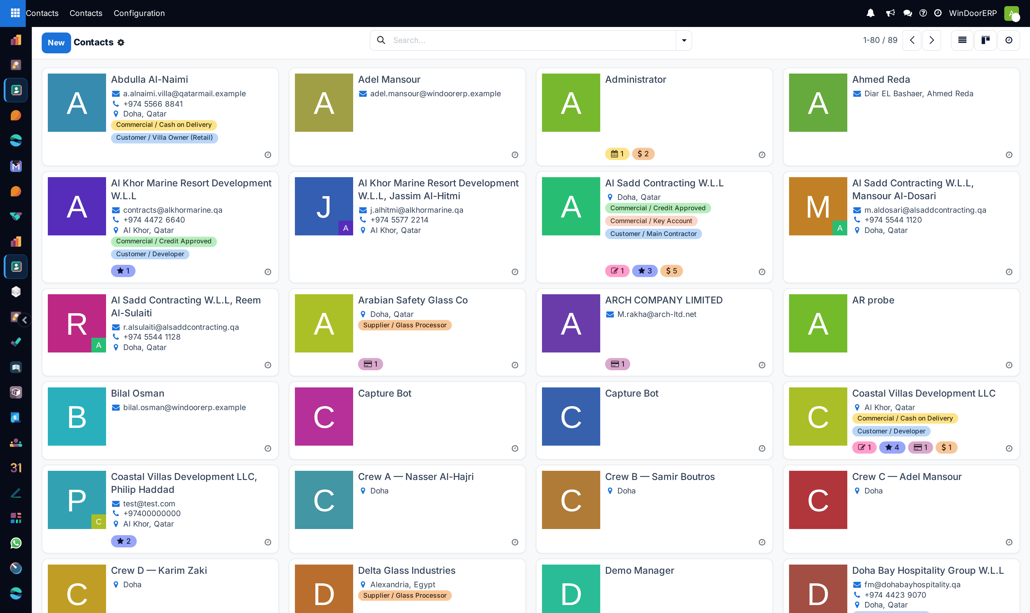 The Contacts kanban, one card per contact
