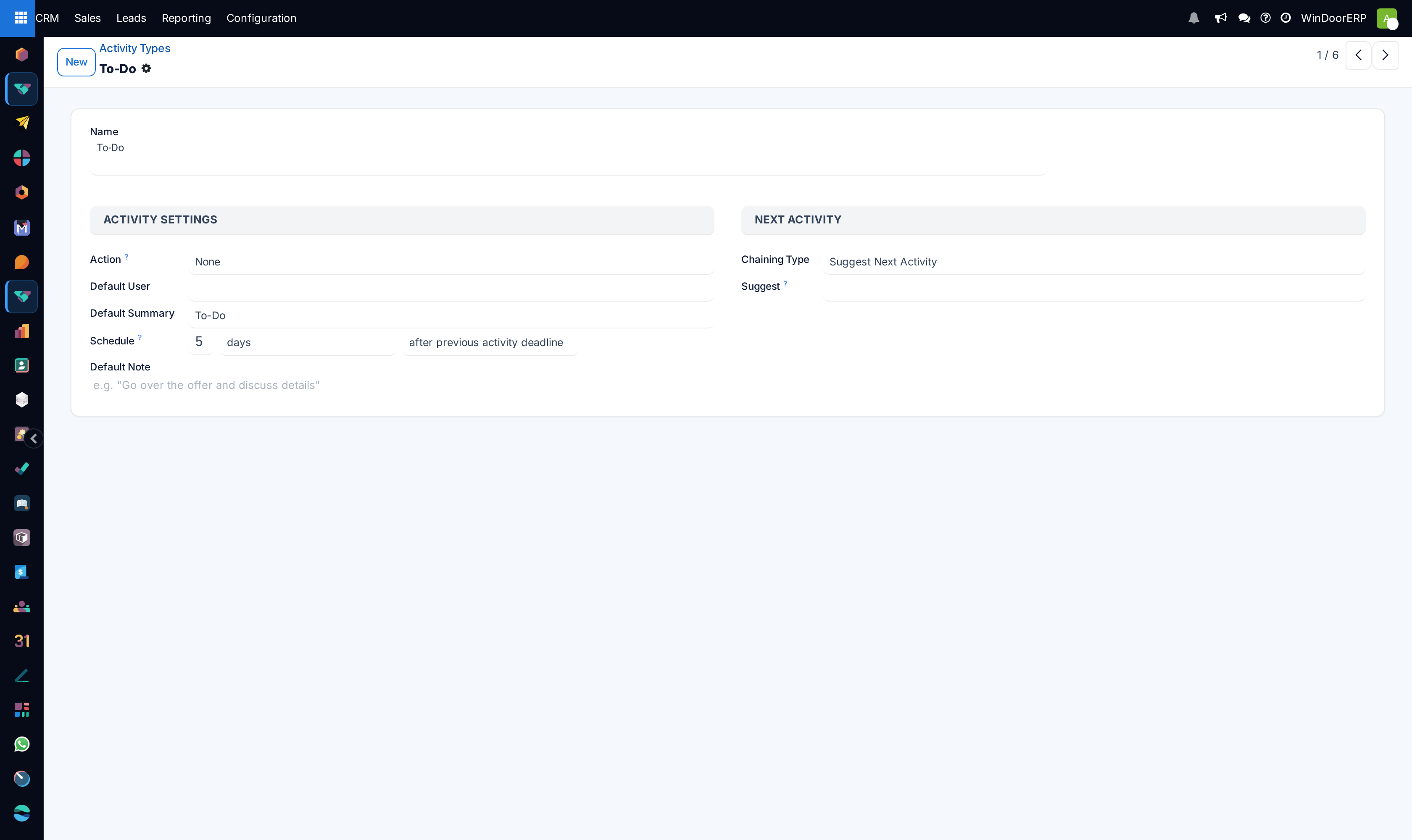 An activity type with its action, default summary, schedule and chaining settings