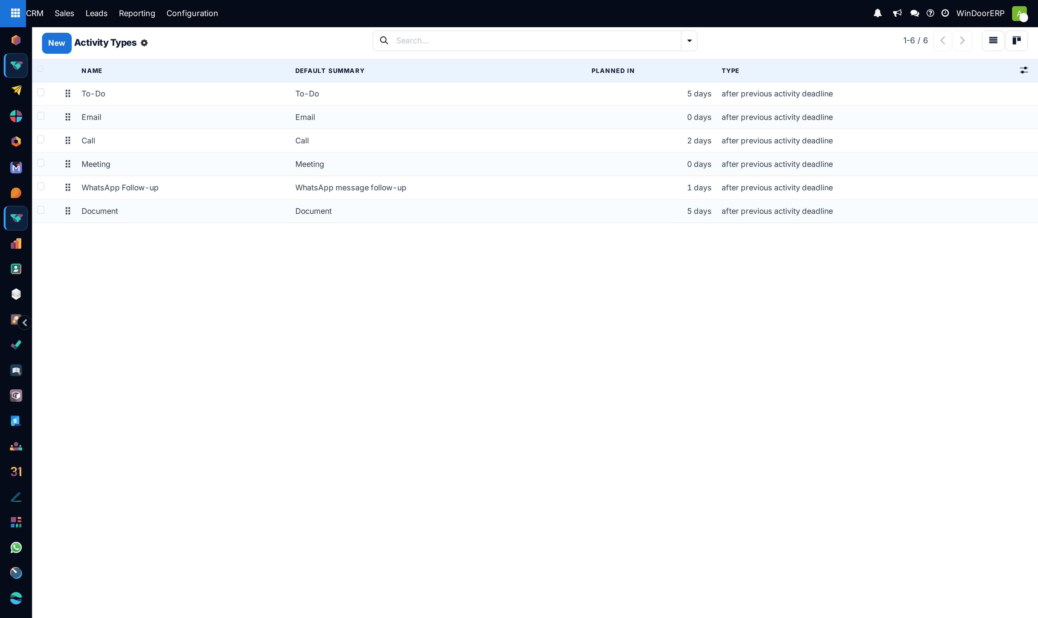 The activity types list