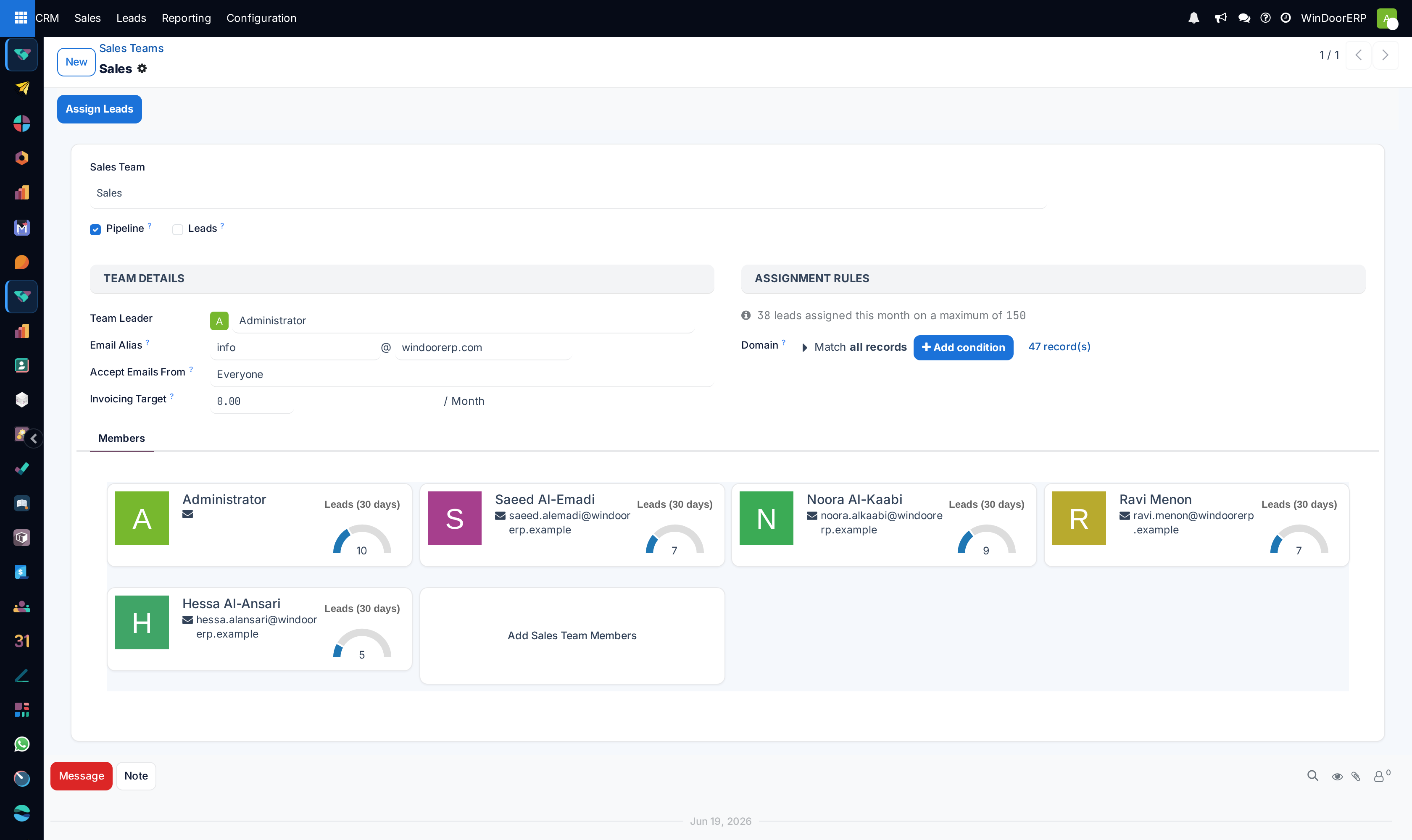 A sales team form with the Assign Leads button, the Assignment Rules group with its domain, and member cards showing 30-day gauges