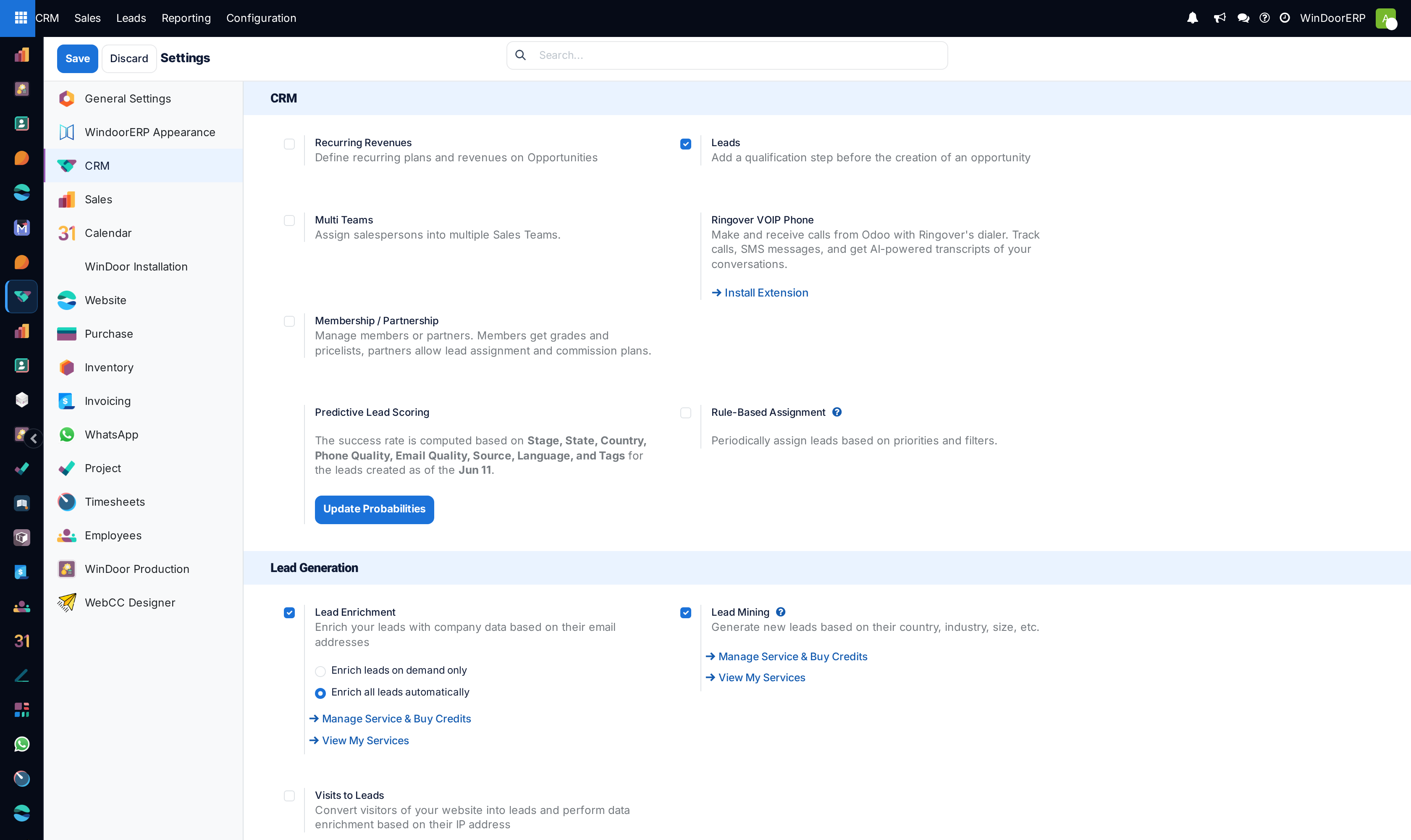 The CRM settings page with the CRM, scoring, assignment and lead generation blocks