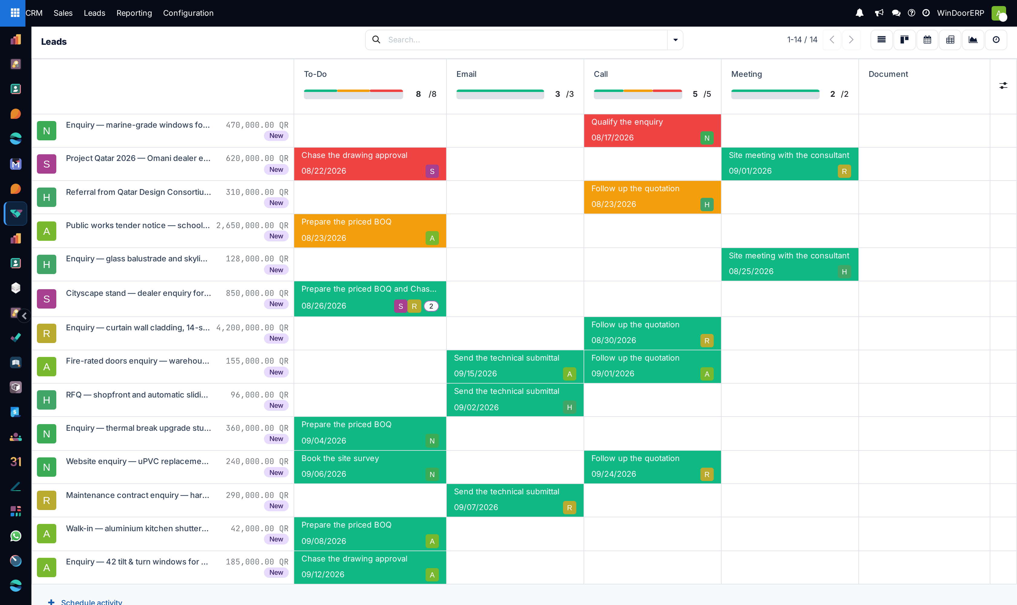 The activity view: deals down the side, activity types across the top