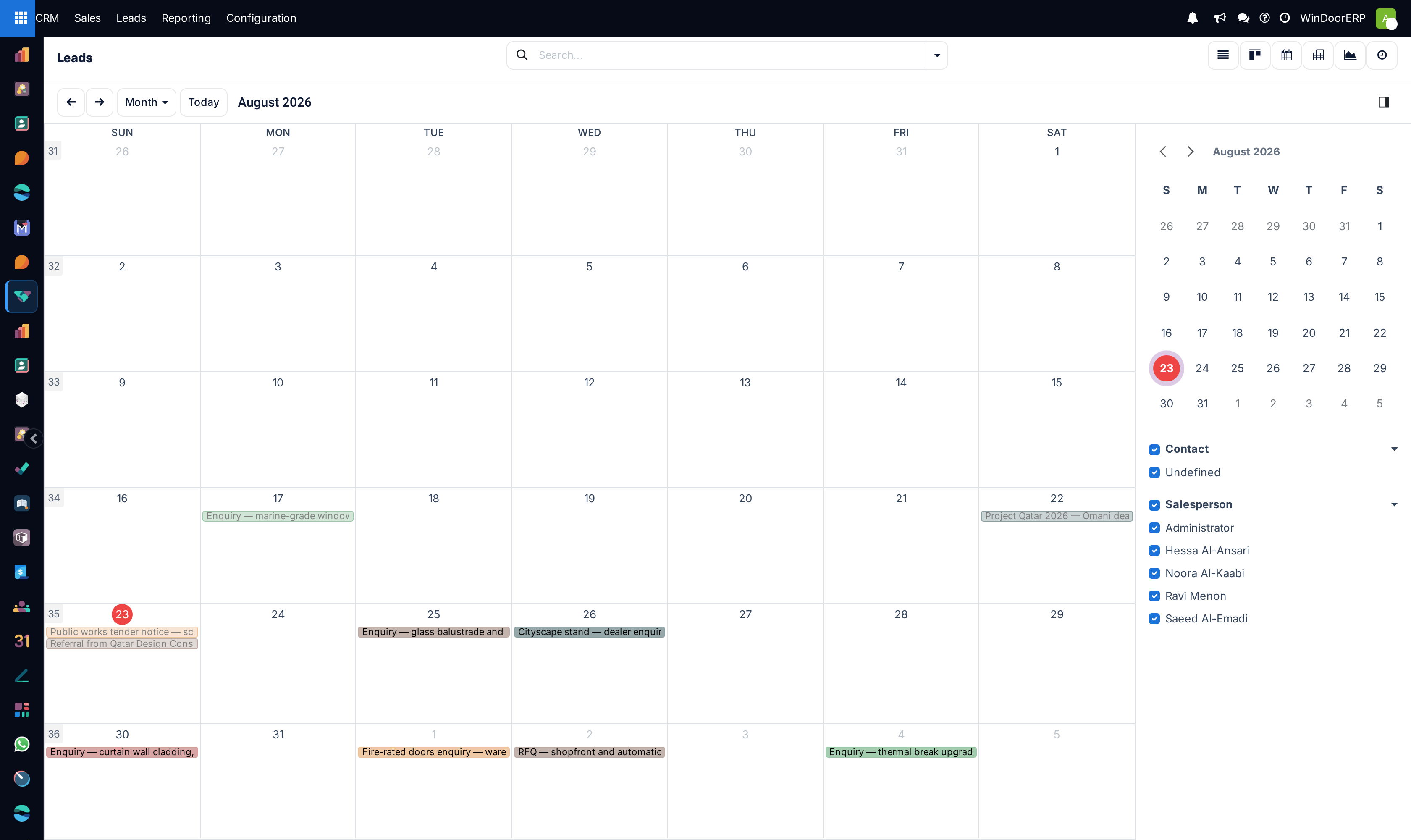Leads plotted on a month calendar by their next-activity date, with contact and salesperson filters