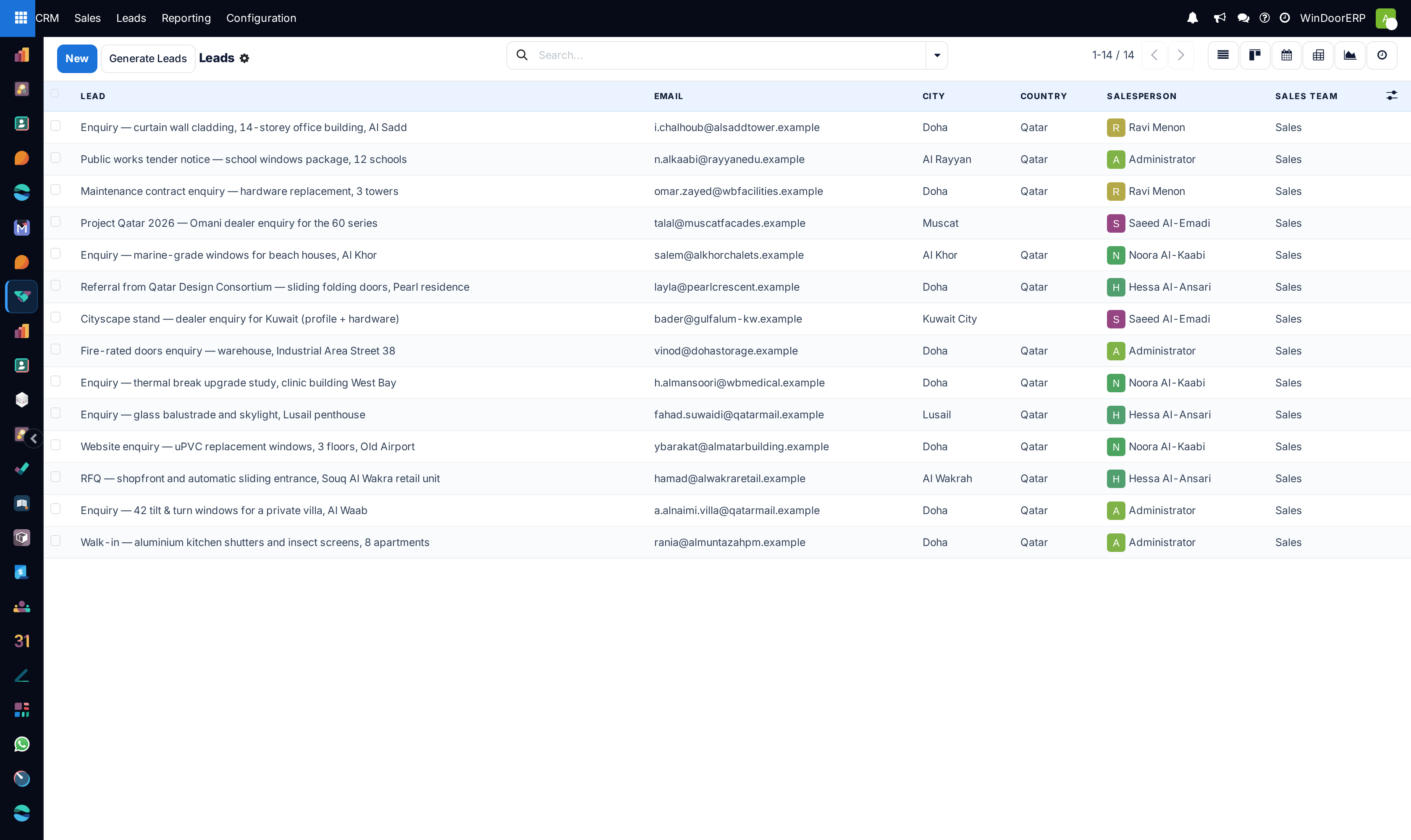 The leads queue as a list, with contact, email, city, country and salesperson