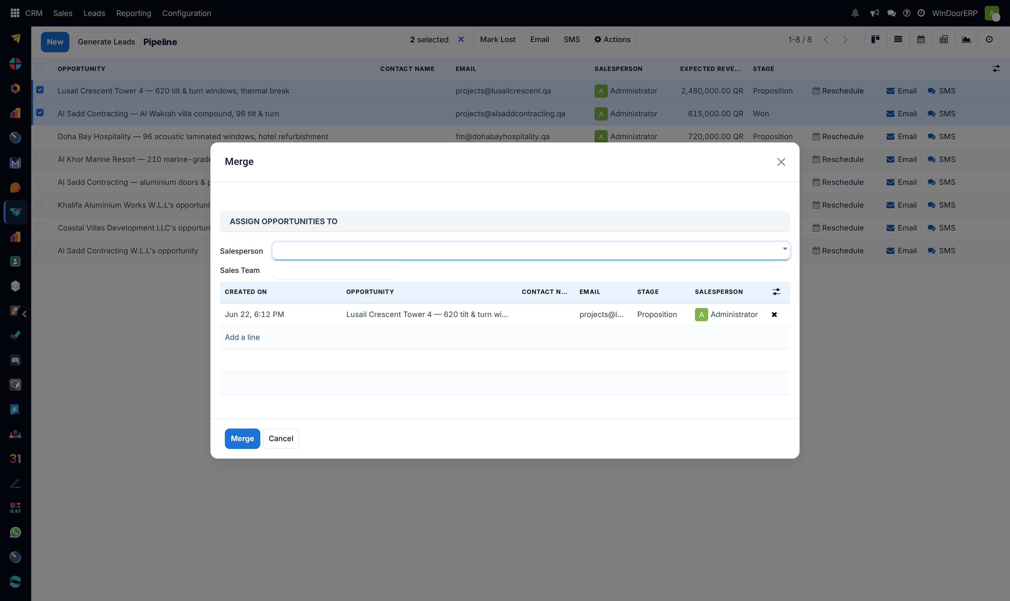 The merge dialog listing the deals that will be combined into one