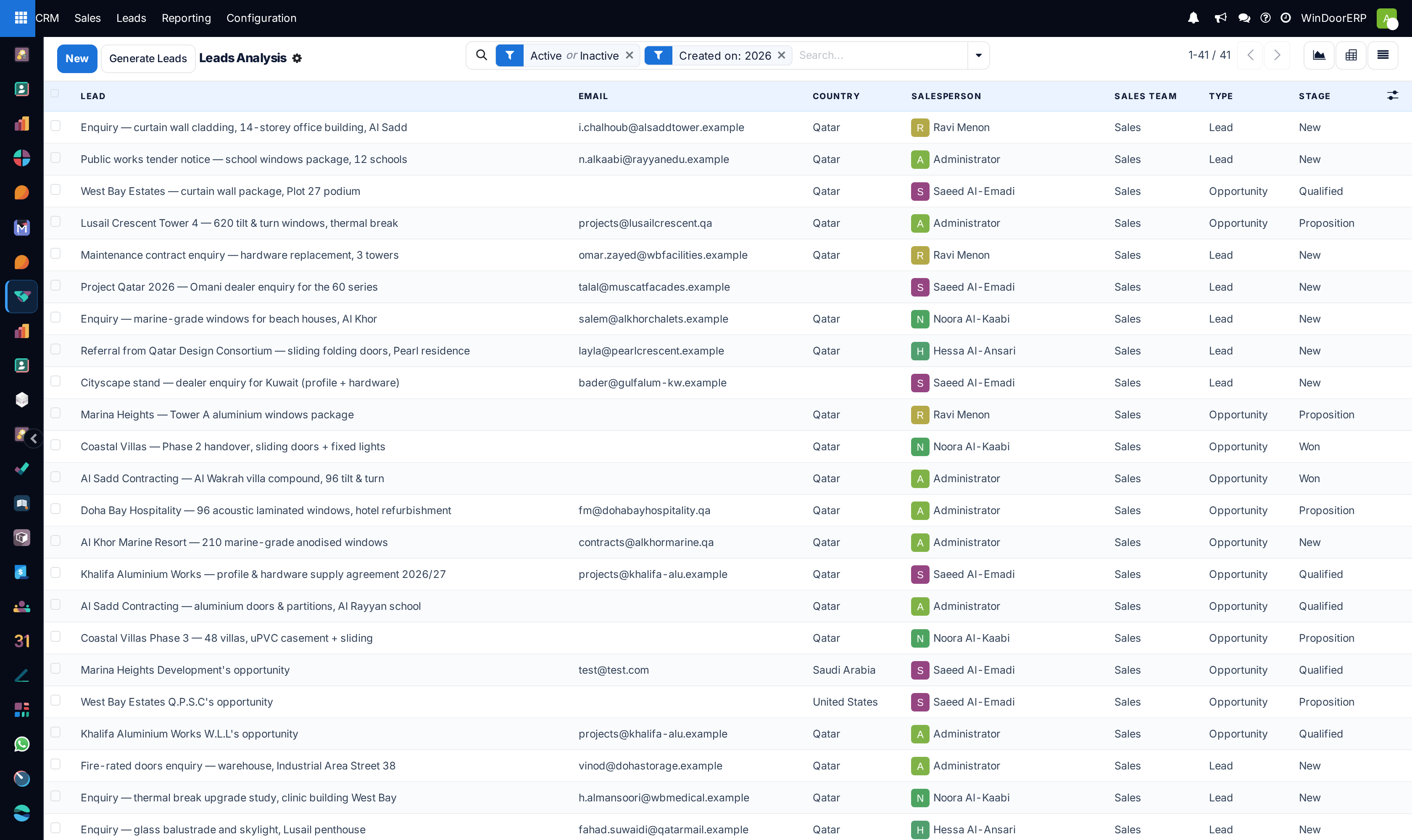 The same records as a list: one row per enquiry with Lead, Email, Country, Salesperson, Sales Team, Type and Stage columns