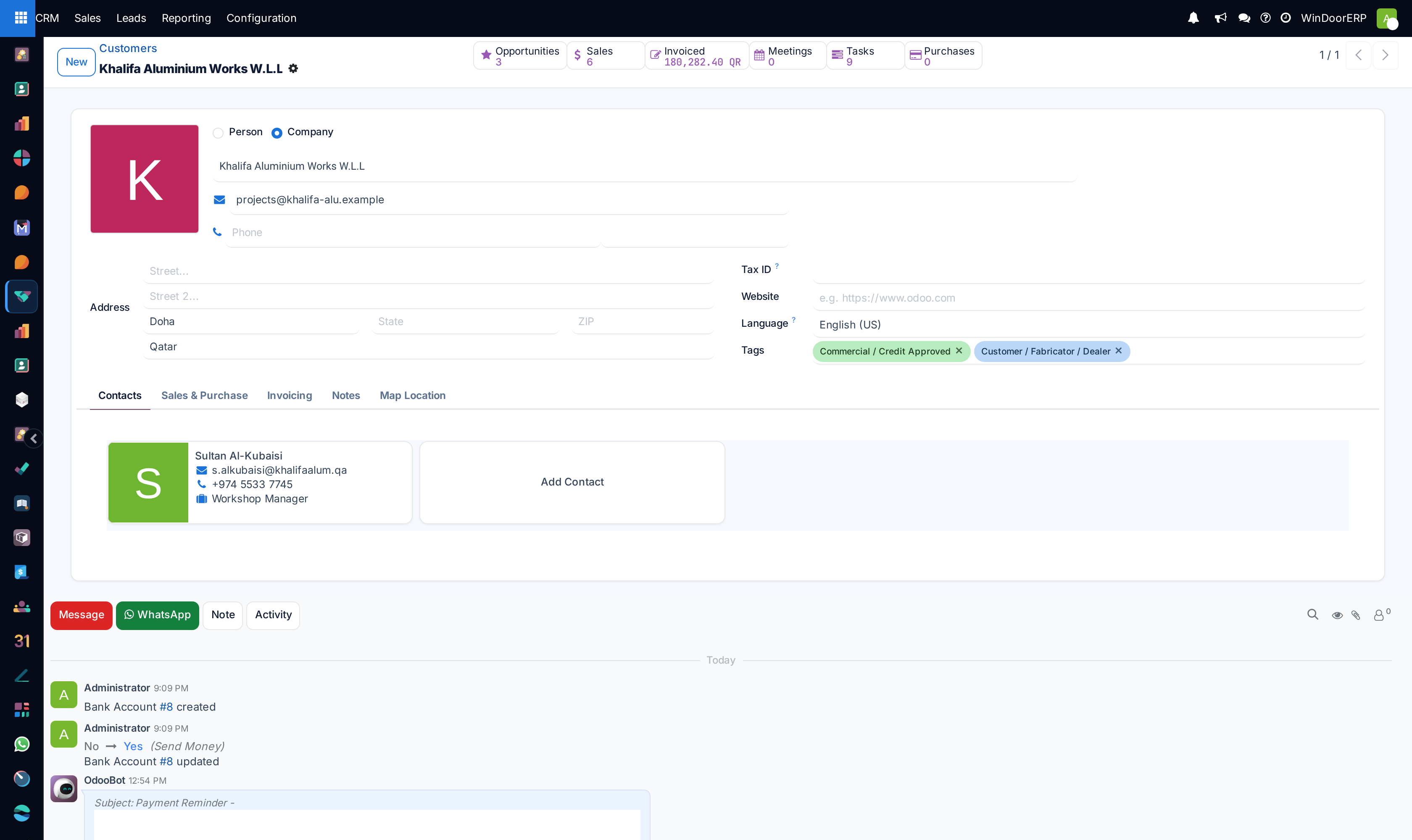 A customer record with its row of smart buttons, address block, tags and the Contacts tab