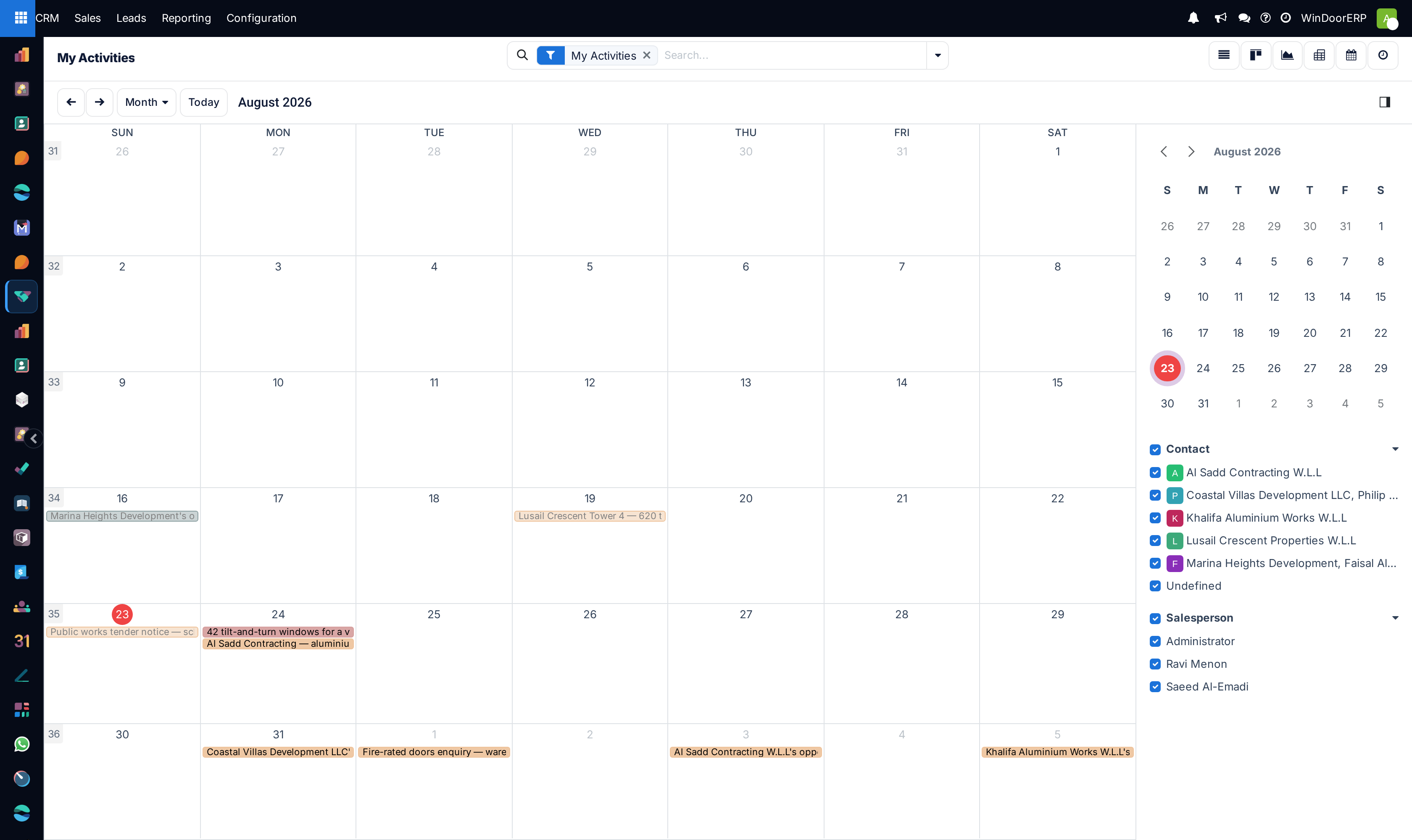 The My Activities calendar in month scale, with week numbers down the side and the mini date picker, Contact and Salesperson sections in the panel beside it
