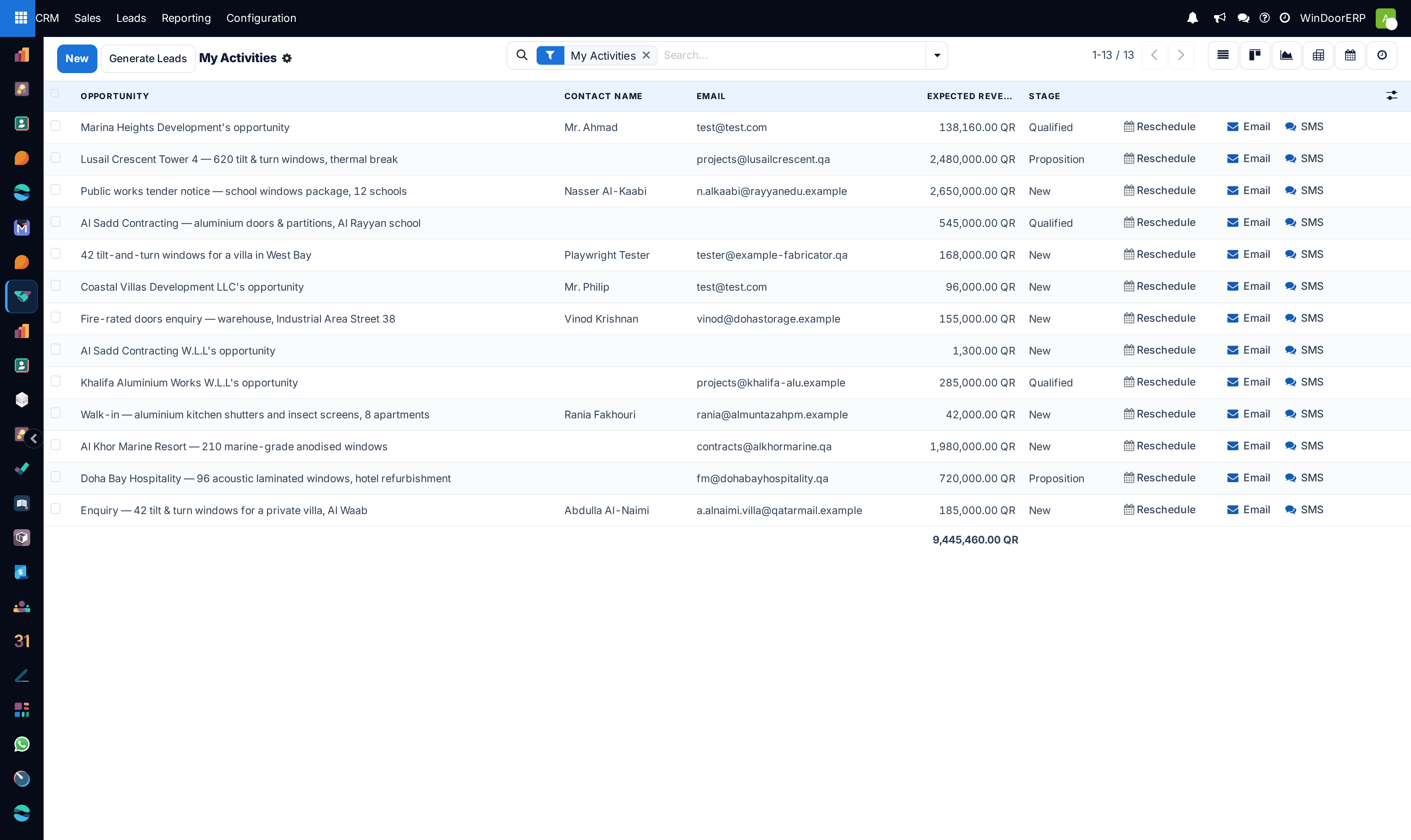 My Activities as a list: one row per opportunity, with Reschedule, Email and SMS at the end of each row