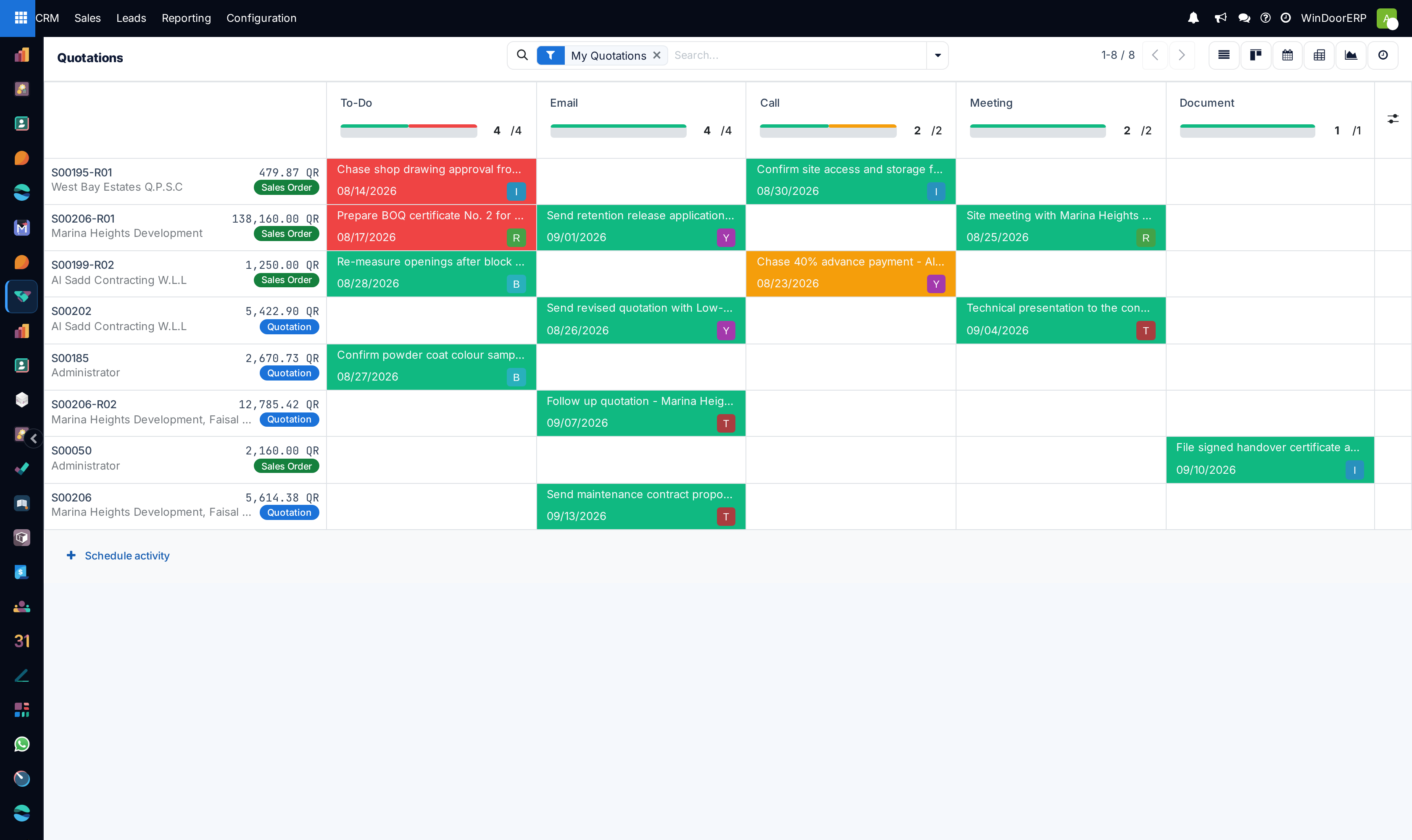 The quotations activity board: one row per document with its total, customer and status, and one column per activity type with the follow-ups coloured red, amber or green