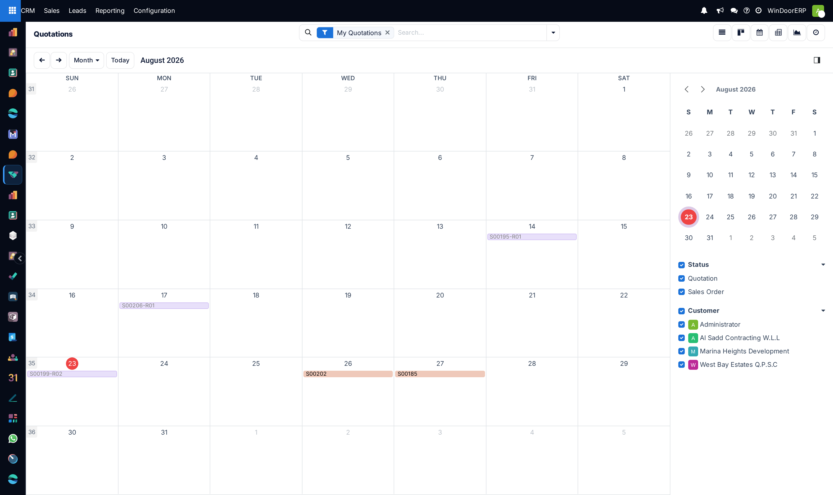 The quotations calendar in month scale, each quotation placed on its next follow-up date and coloured by status, with Status and Customer sections in the side panel