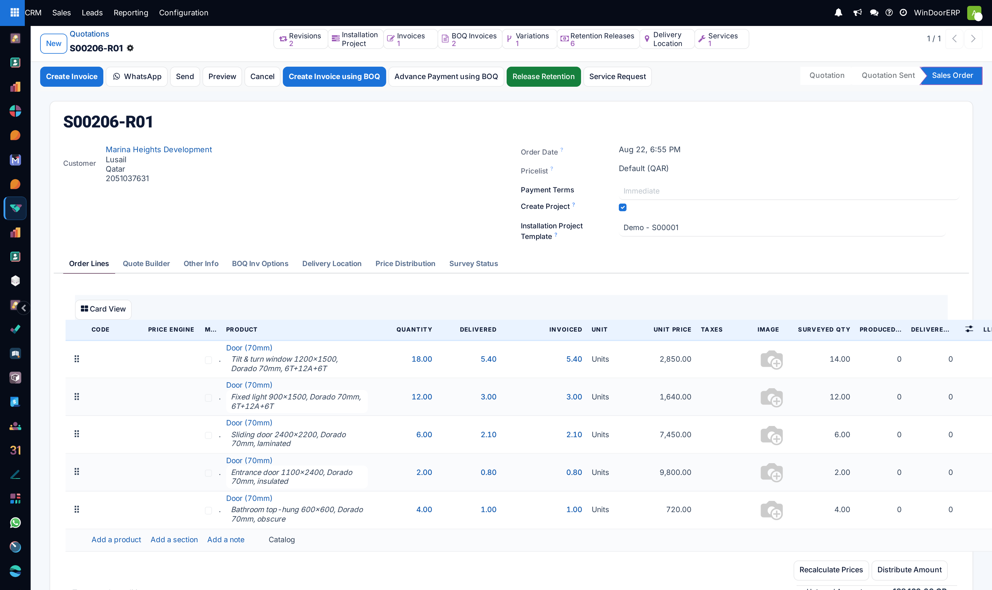 A revision, S00206-R01, open in form view with the Revisions counter among the smart buttons at the top and the status bar showing Quotation, Quotation Sent and Sales Order