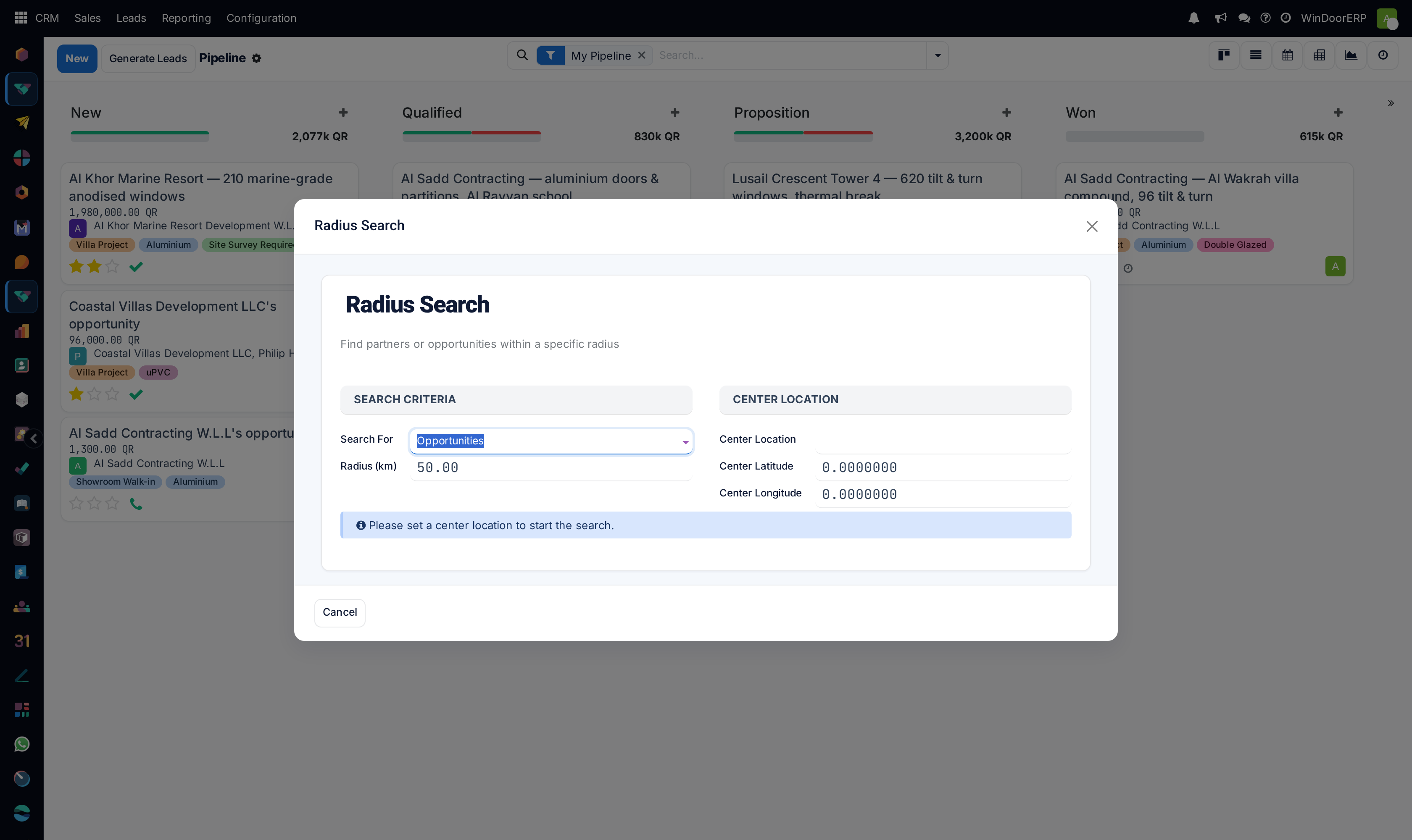 The Radius Search dialog as it opens: coordinates at zero, a blue notice asking for a centre, and only a Cancel button