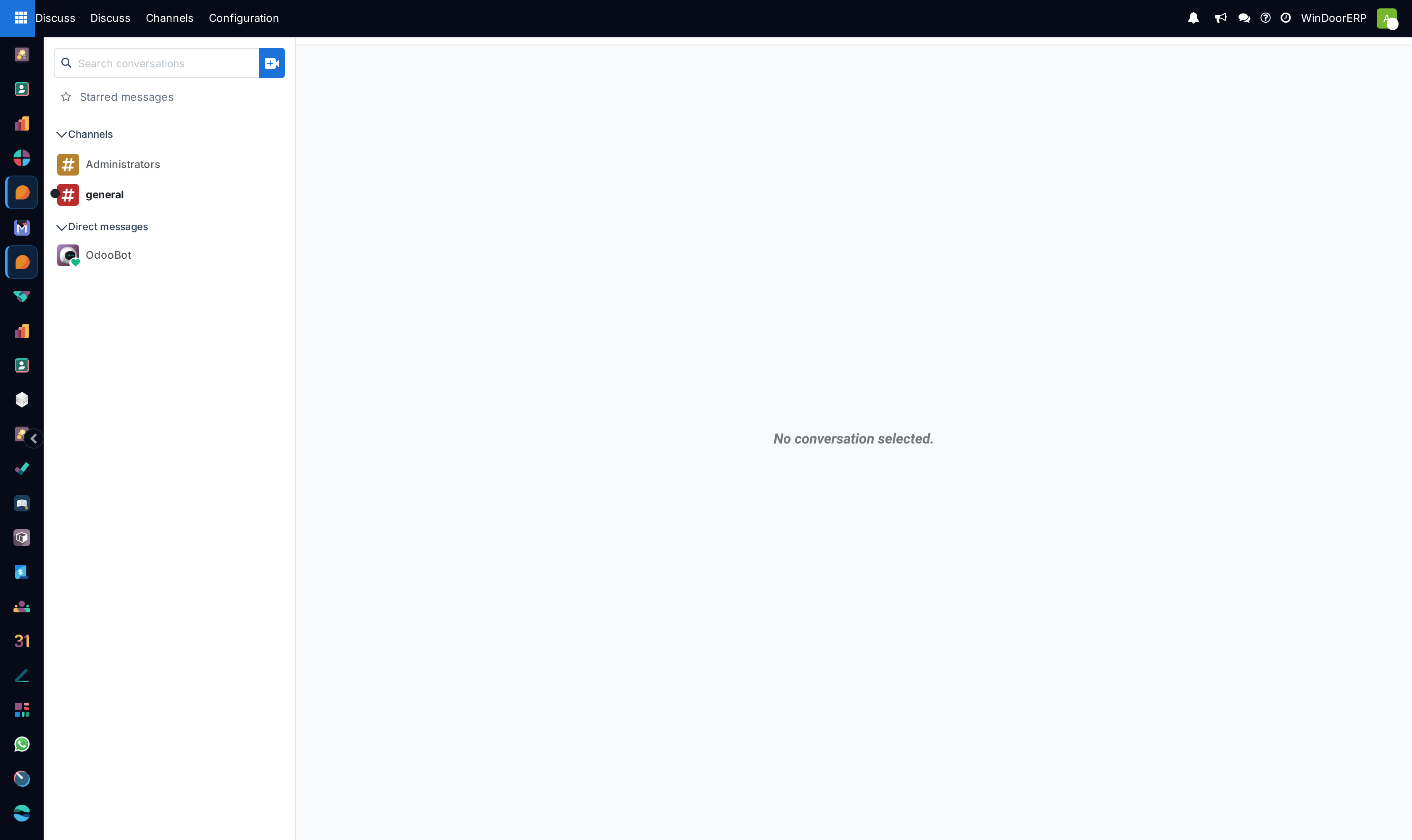 The Discuss workspace with the channel sidebar, a conversation thread and the message box