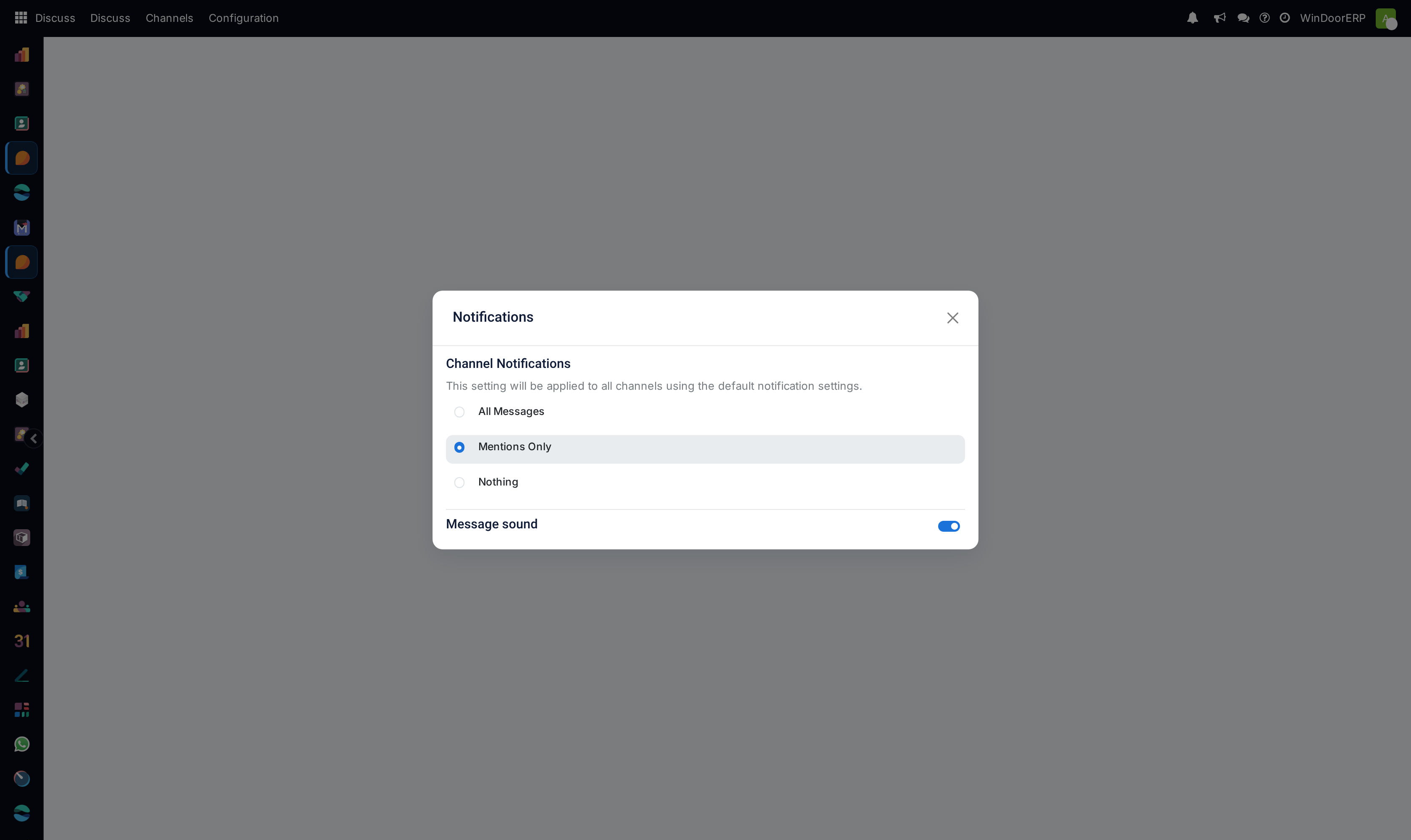 The Notifications settings dialog with the Channel Notifications choice of All Messages, Mentions Only or Nothing, and the Message sound toggle