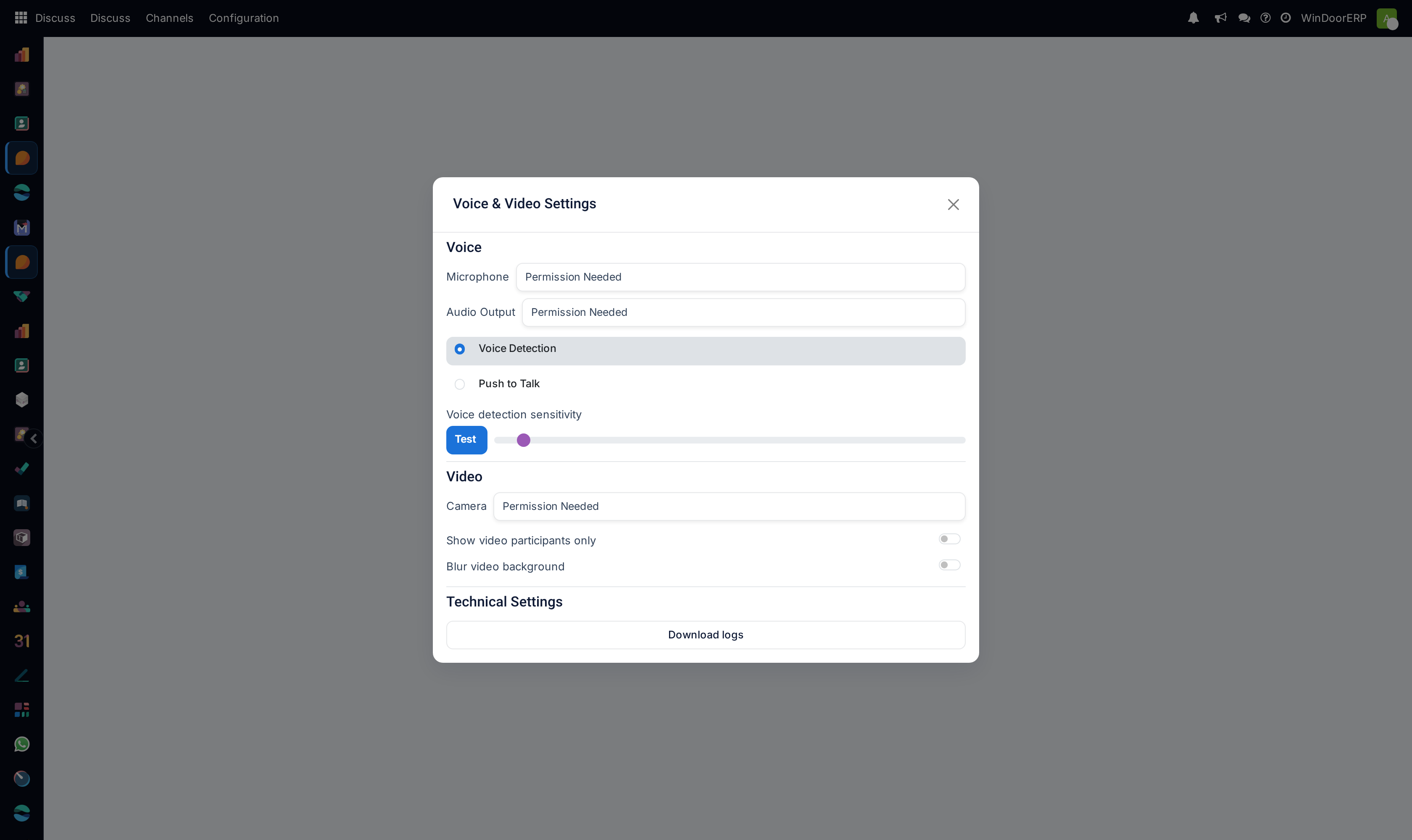 The Voice & Video settings page for microphone, camera and push-to-talk preferences