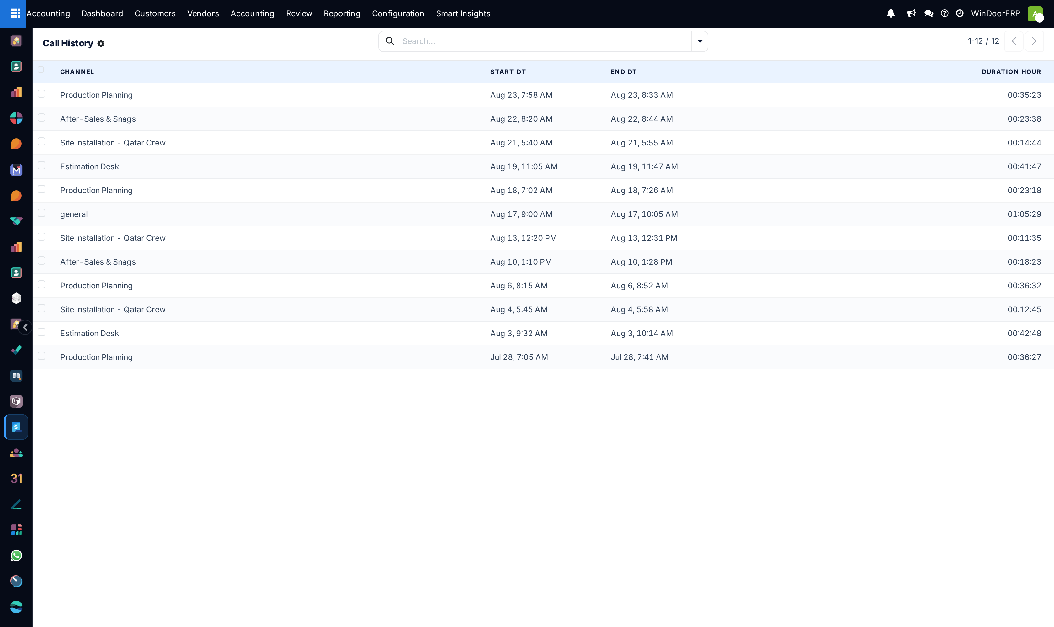 The Call History list showing each call's conversation, start time and duration
