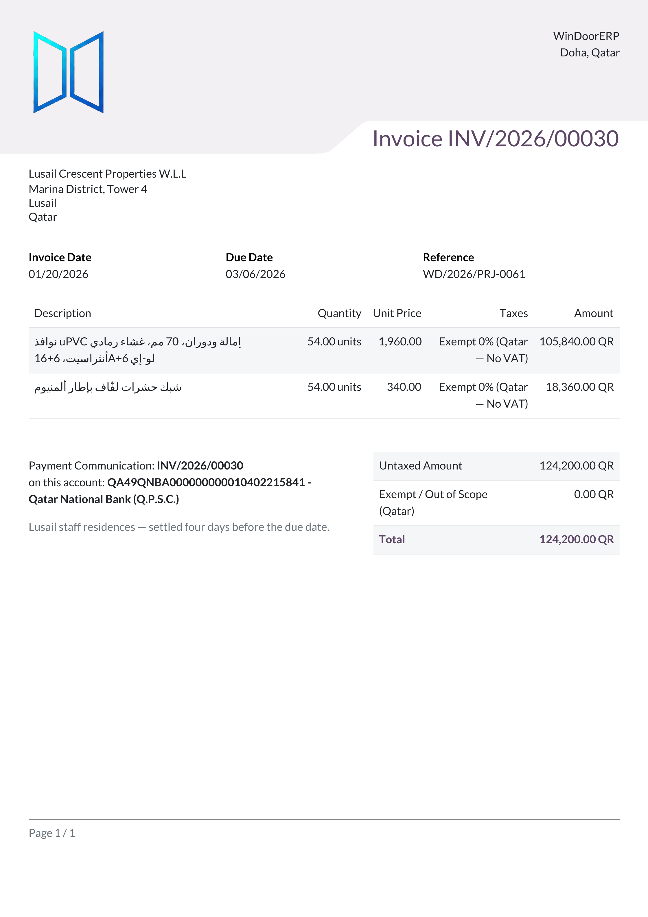 A posted customer invoice PDF in the company layout: line table, untaxed amount, tax and total, payment terms and communication