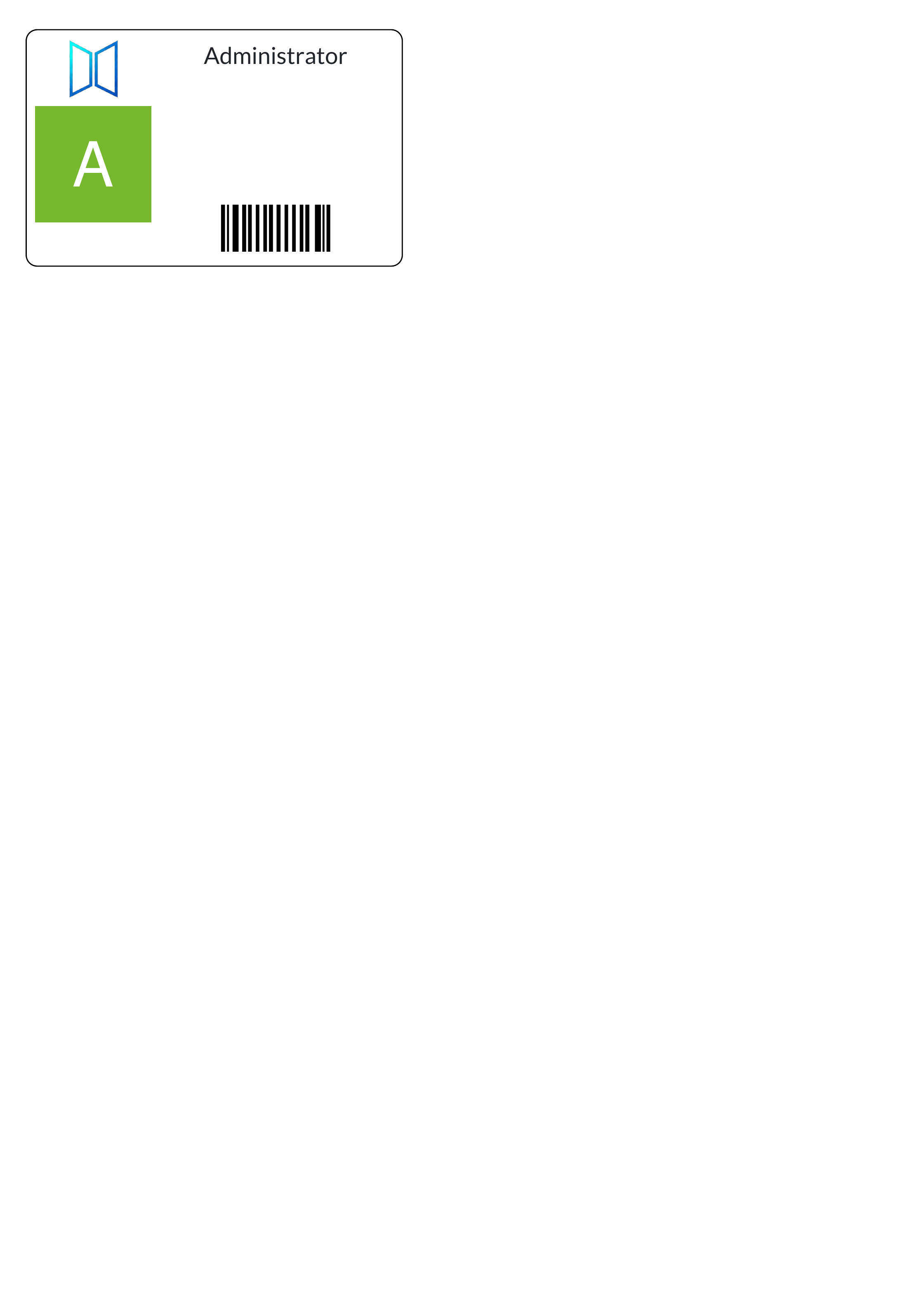 The printed employee badge card: company logo, avatar, name and the scannable barcode