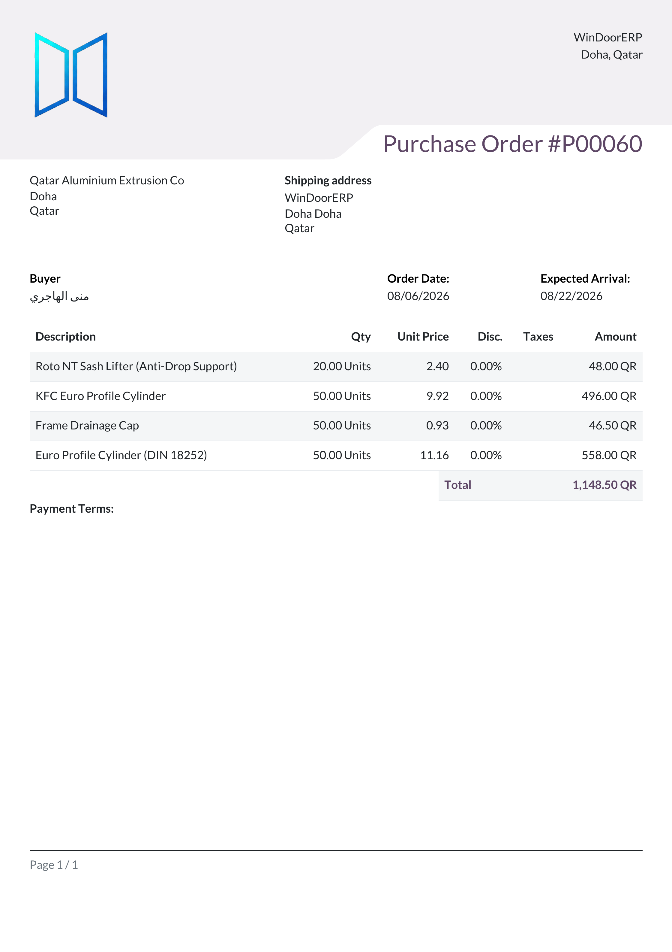 A confirmed Purchase Order PDF: supplier, shipping address, buyer, expected arrival and the priced line table