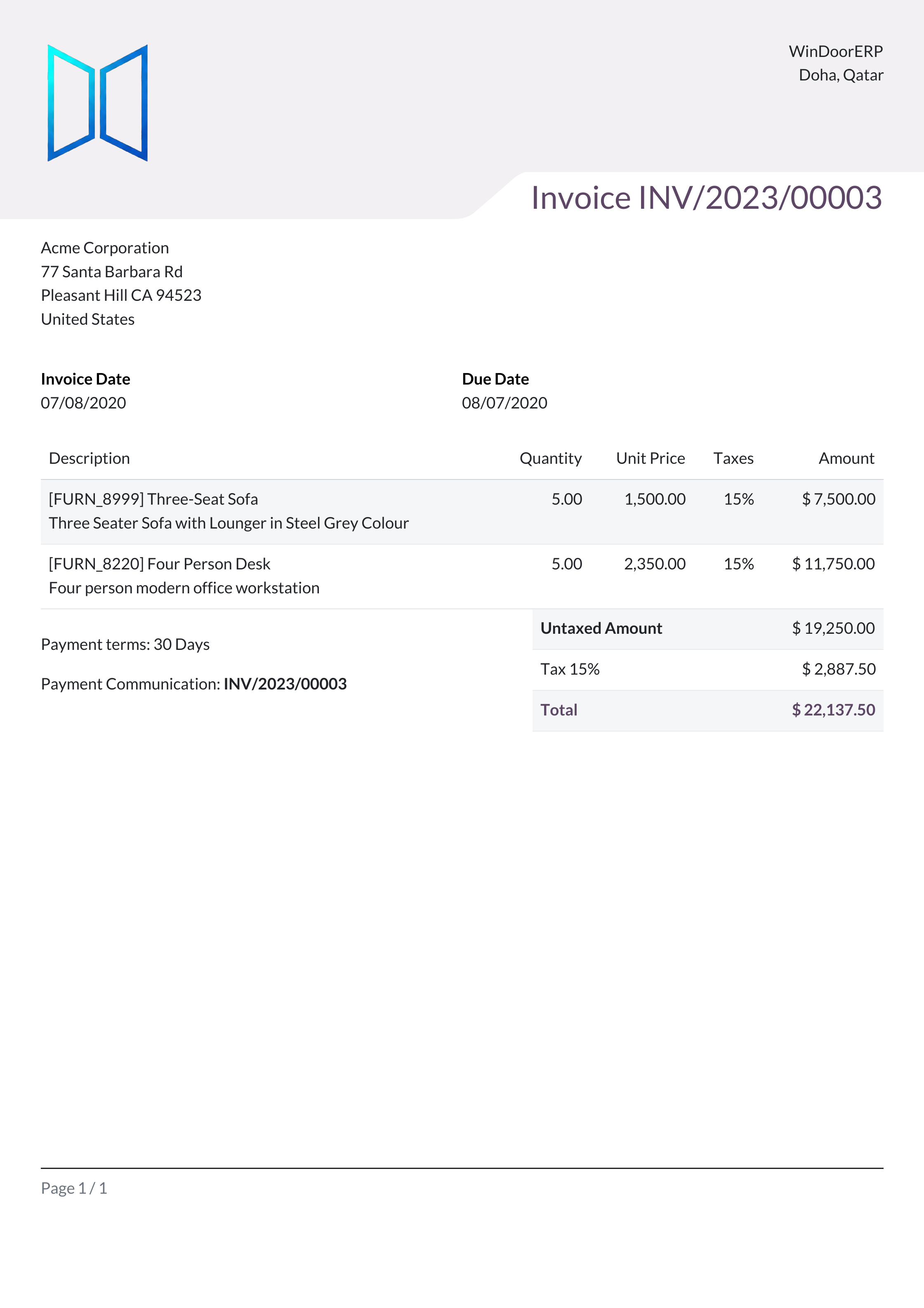 The Report Layout Preview: a sample invoice rendered in the company's current layout, colours and font