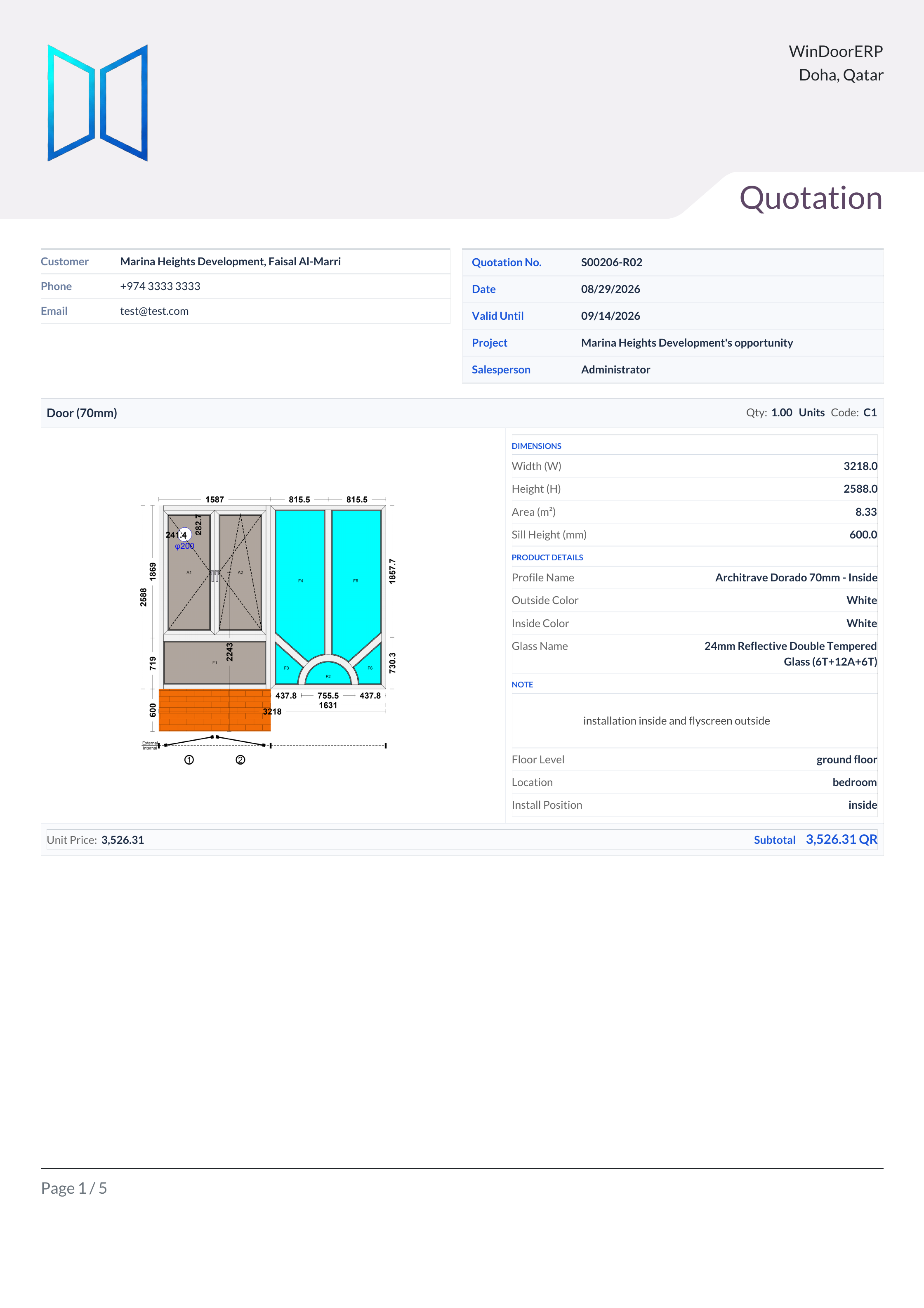 Print Quotation with Drawing: one card per line with the saved WebCC elevation drawing and a specification panel — dimensions, profile, colours, glass, floor and installation position