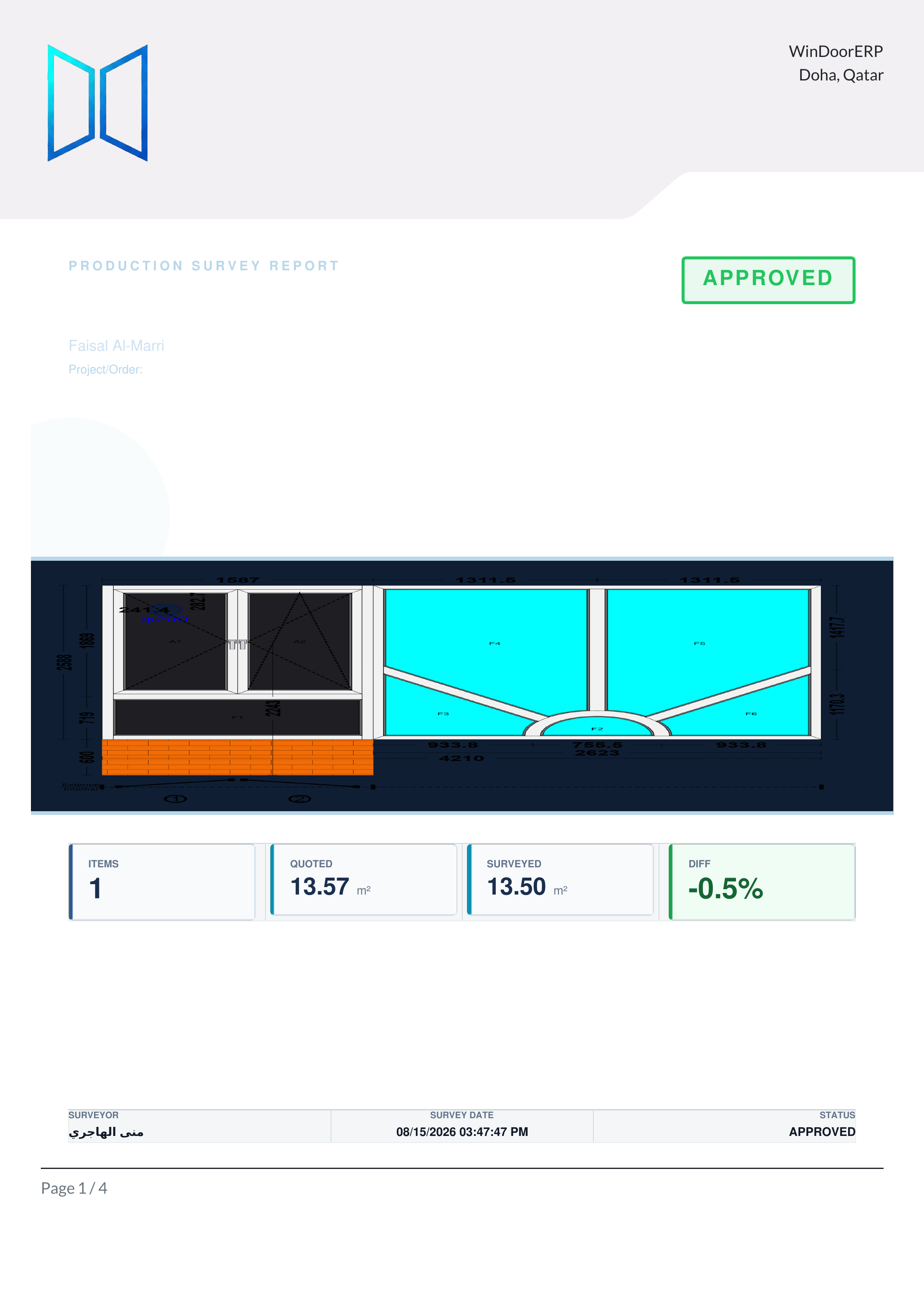 The Production Survey Report cover: quoted versus surveyed area tiles, the design drawing, and the surveyor sign-off row