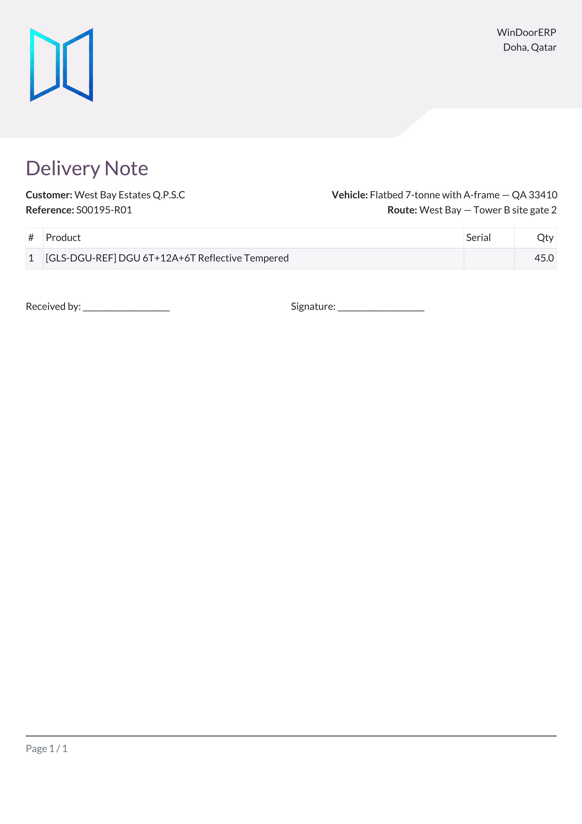 The WinDoor Delivery Note: customer, reference, vehicle and route, the product and serial table, and blank Received by / Signature lines