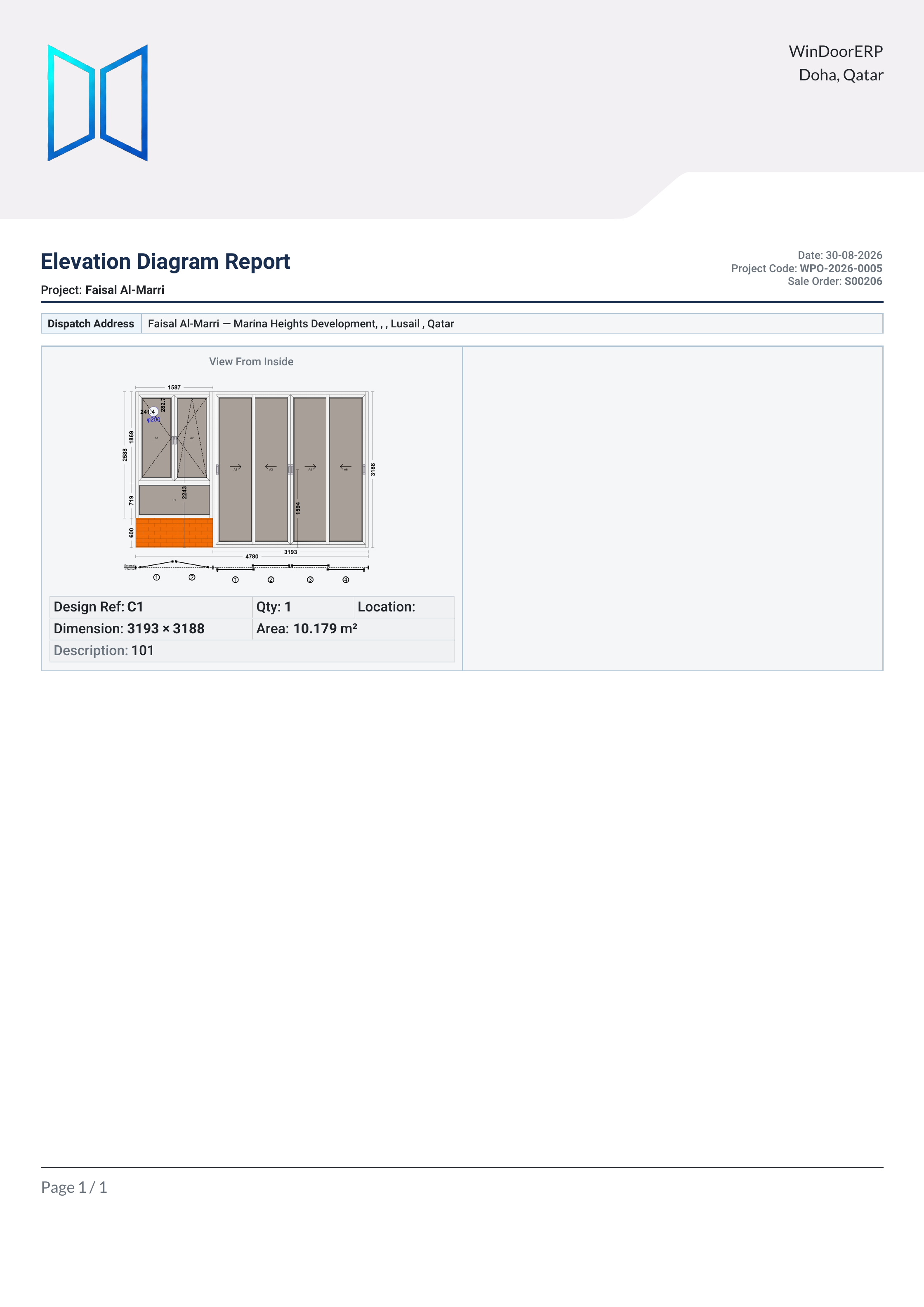 The Elevation Diagram report: the saved WebCC drawing of each item with its design reference, dimensions, area and description