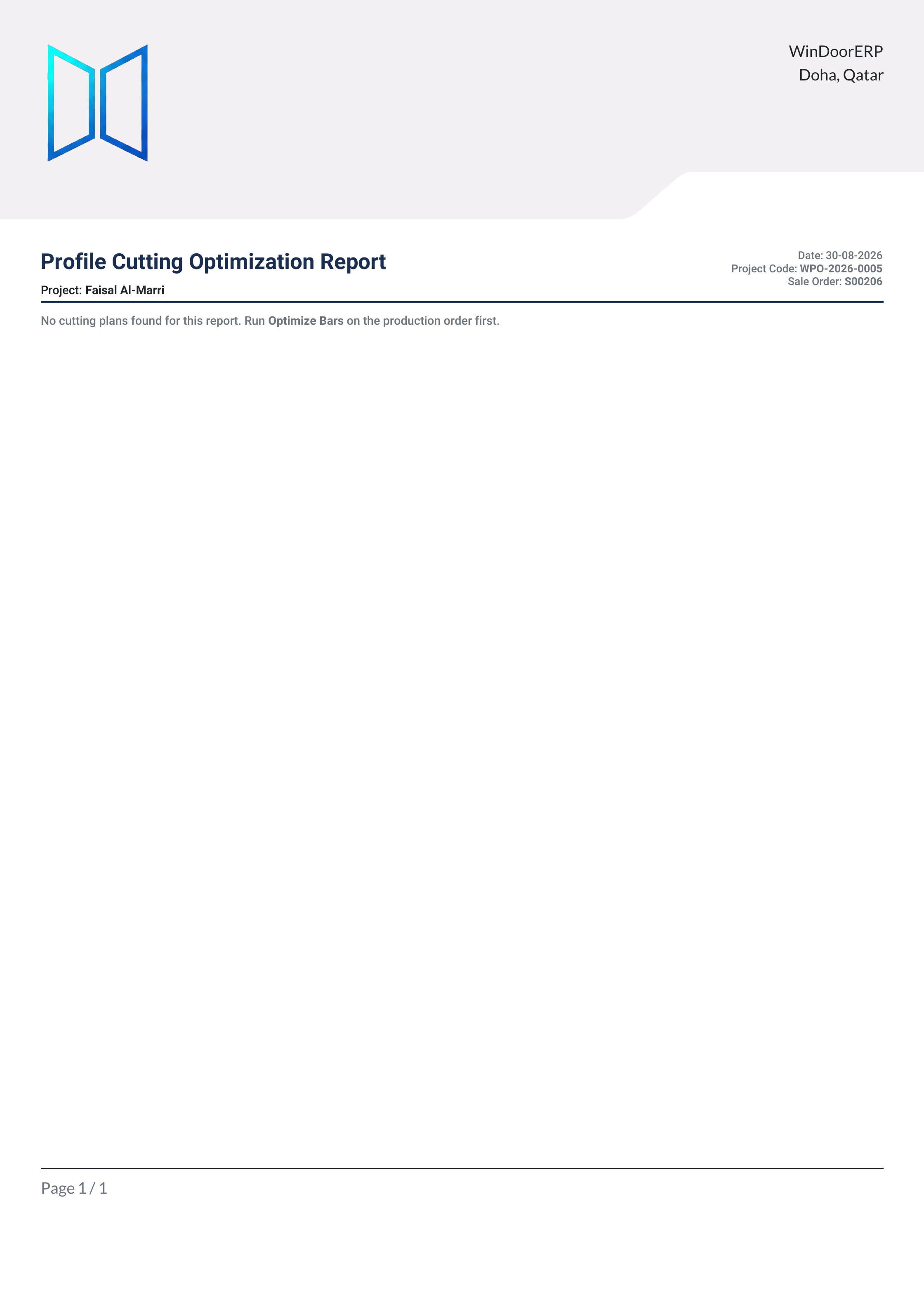 The Profile Cutting Optimization report: each stock bar drawn to scale with its cut pieces, rest length and waste tag