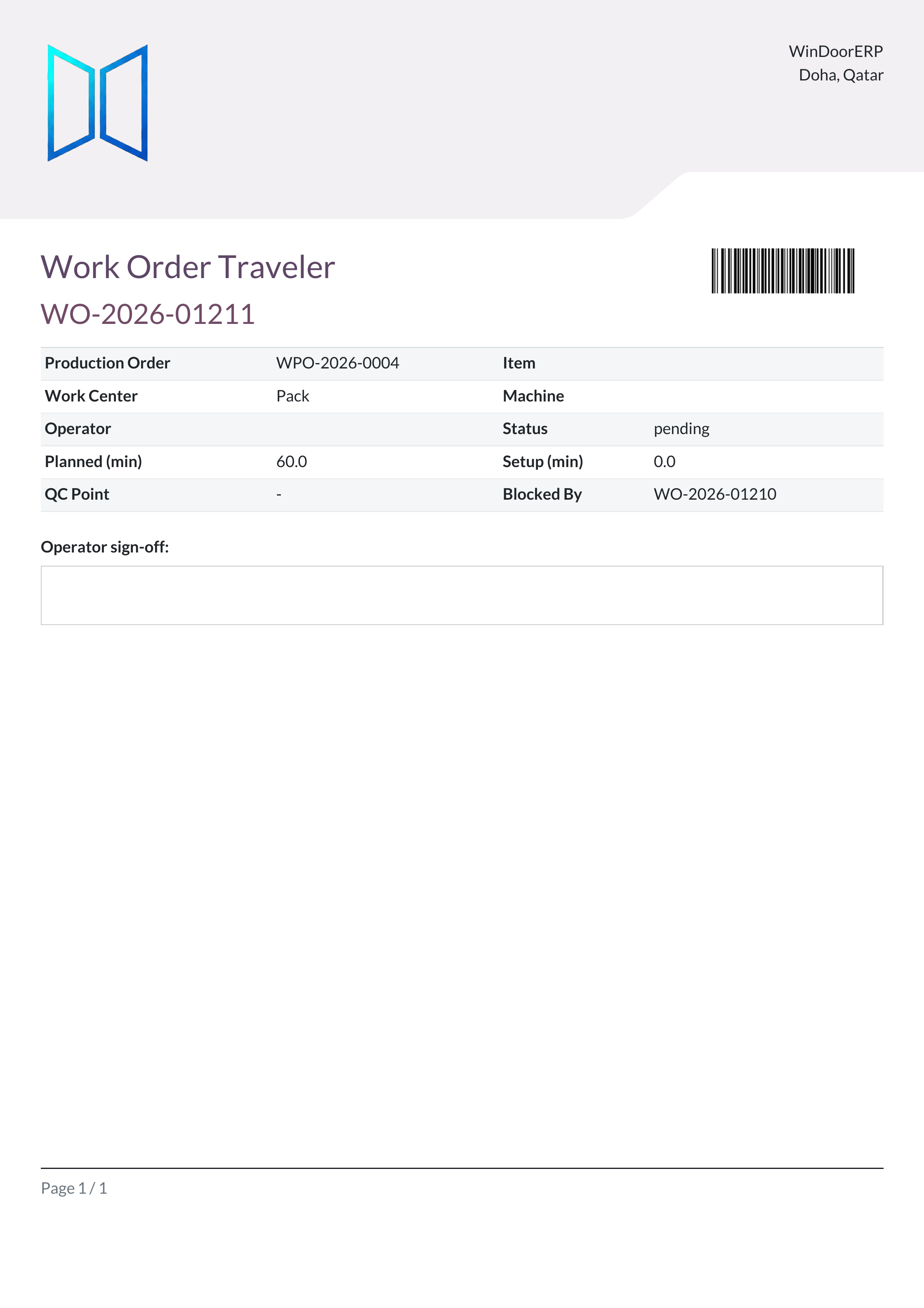 A Work Order Traveler: the scannable barcode, work centre, planned minutes, blocking operation and the operator sign-off box