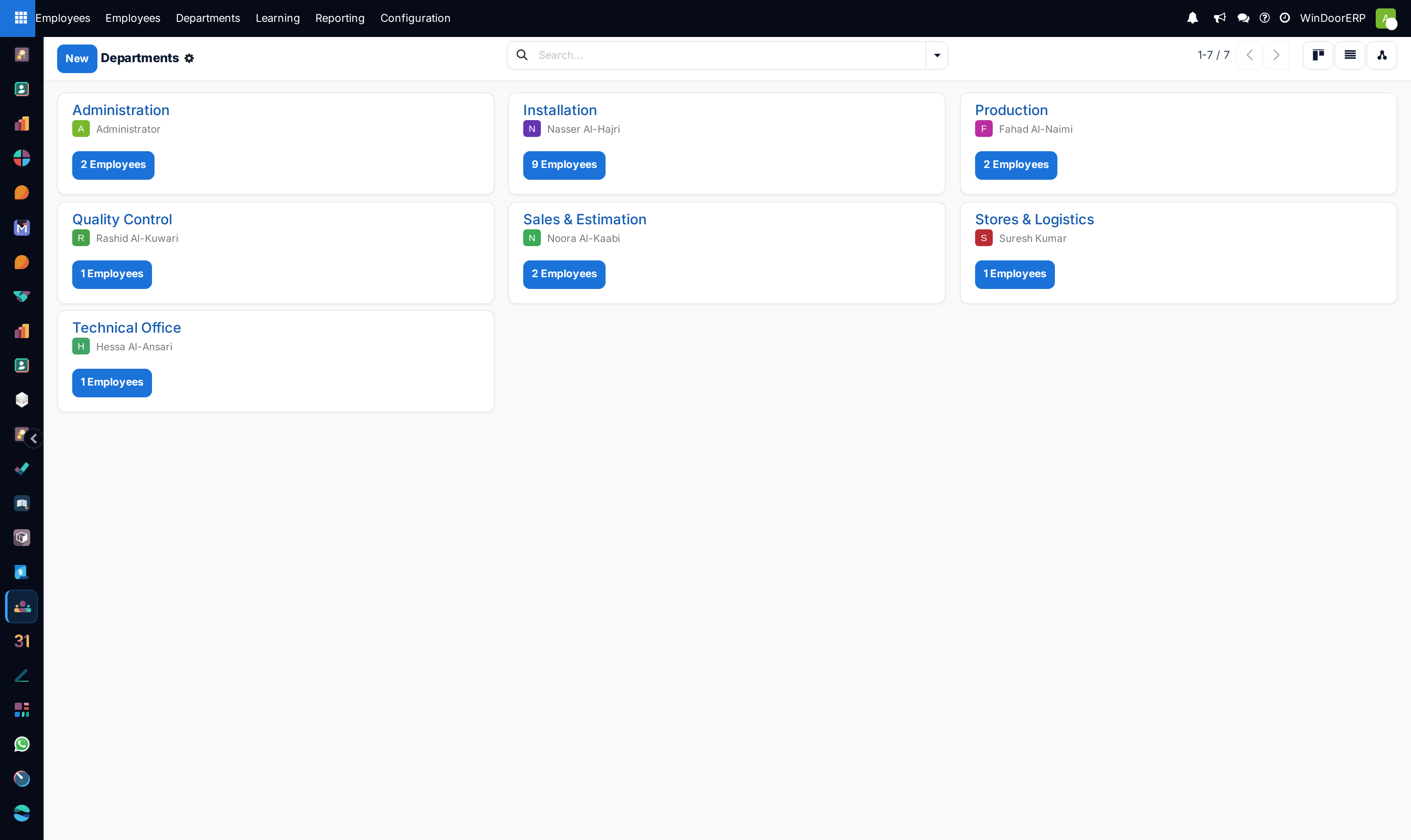 Department cards with headcounts and managers on the Departments kanban